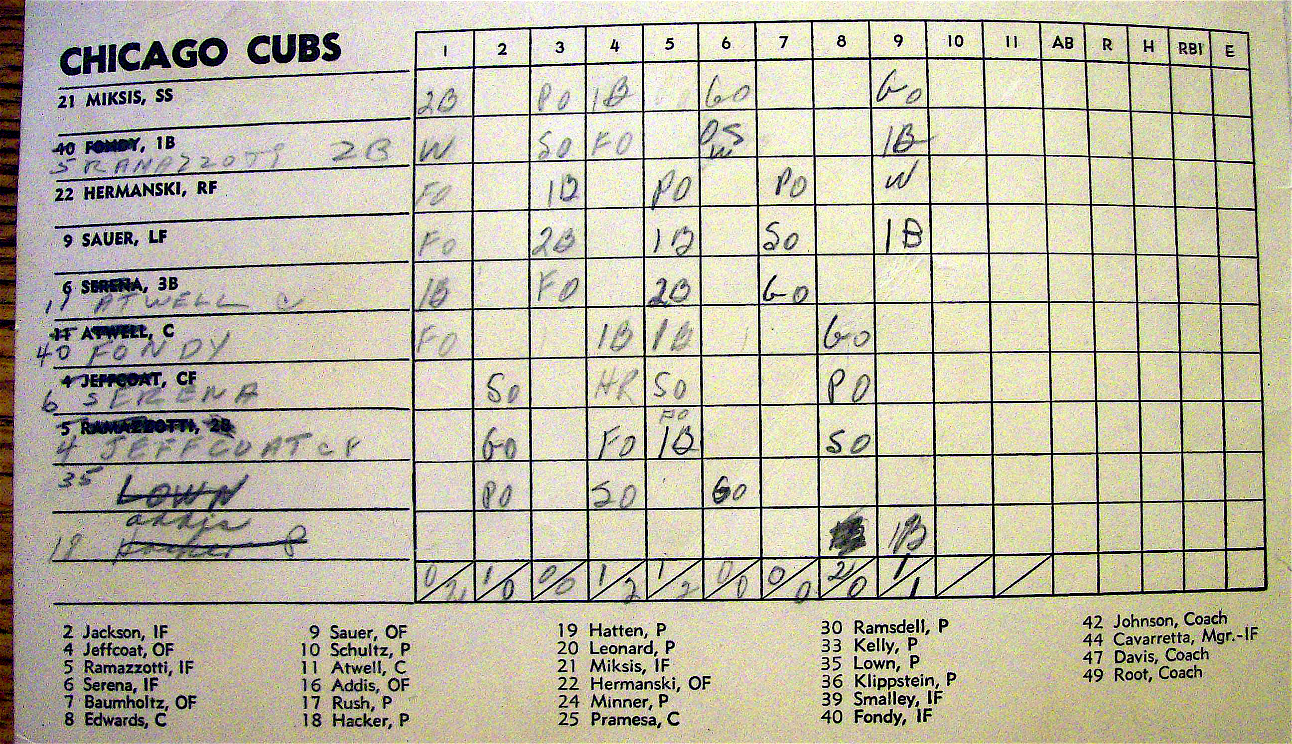 Chicago Cubs vs. Cincinnati Scorecard/Program 1952