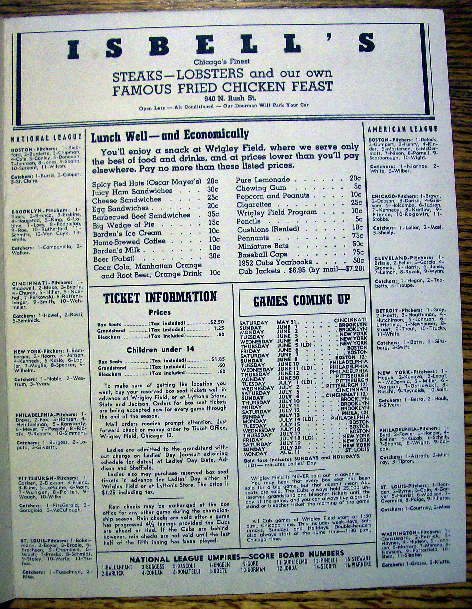 Chicago Cubs vs. Cincinnati Scorecard/Program 1952
