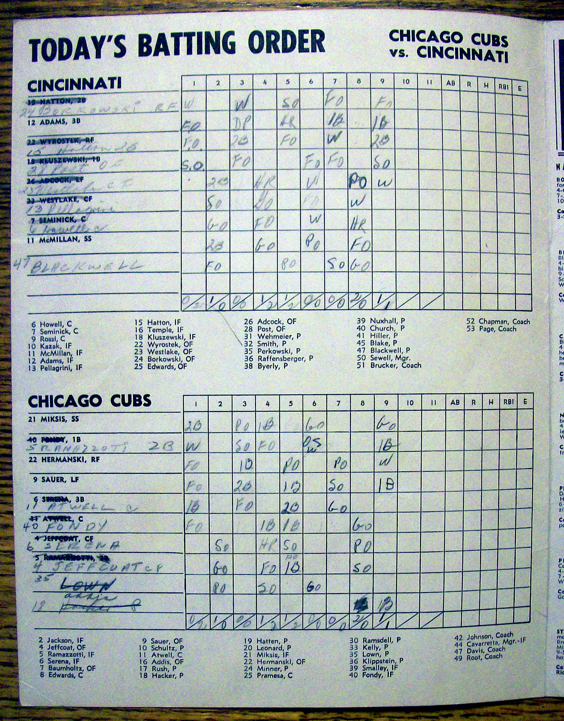 Chicago Cubs vs. Cincinnati Scorecard/Program 1952