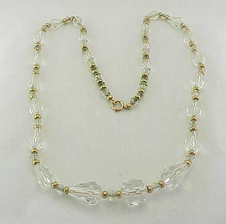 Vintage Cut Crystal Glass And Gold Bead Necklace Strung On Chain
