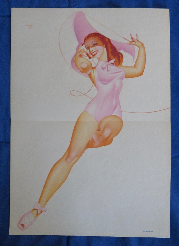 Original 1945 Sexy Red Haired Pin Up Girl Wearing Pink Outfit & Pink Hat While Talking On Telephone By George Petty