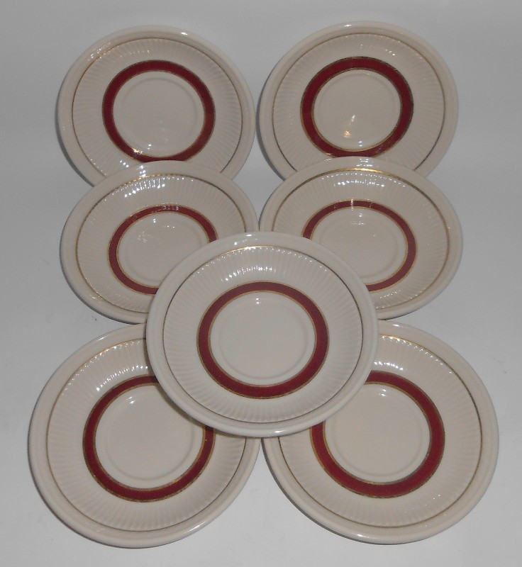 Shenango Restaurant Ware China Maroon w/Gold Bands Set/7 Saucers