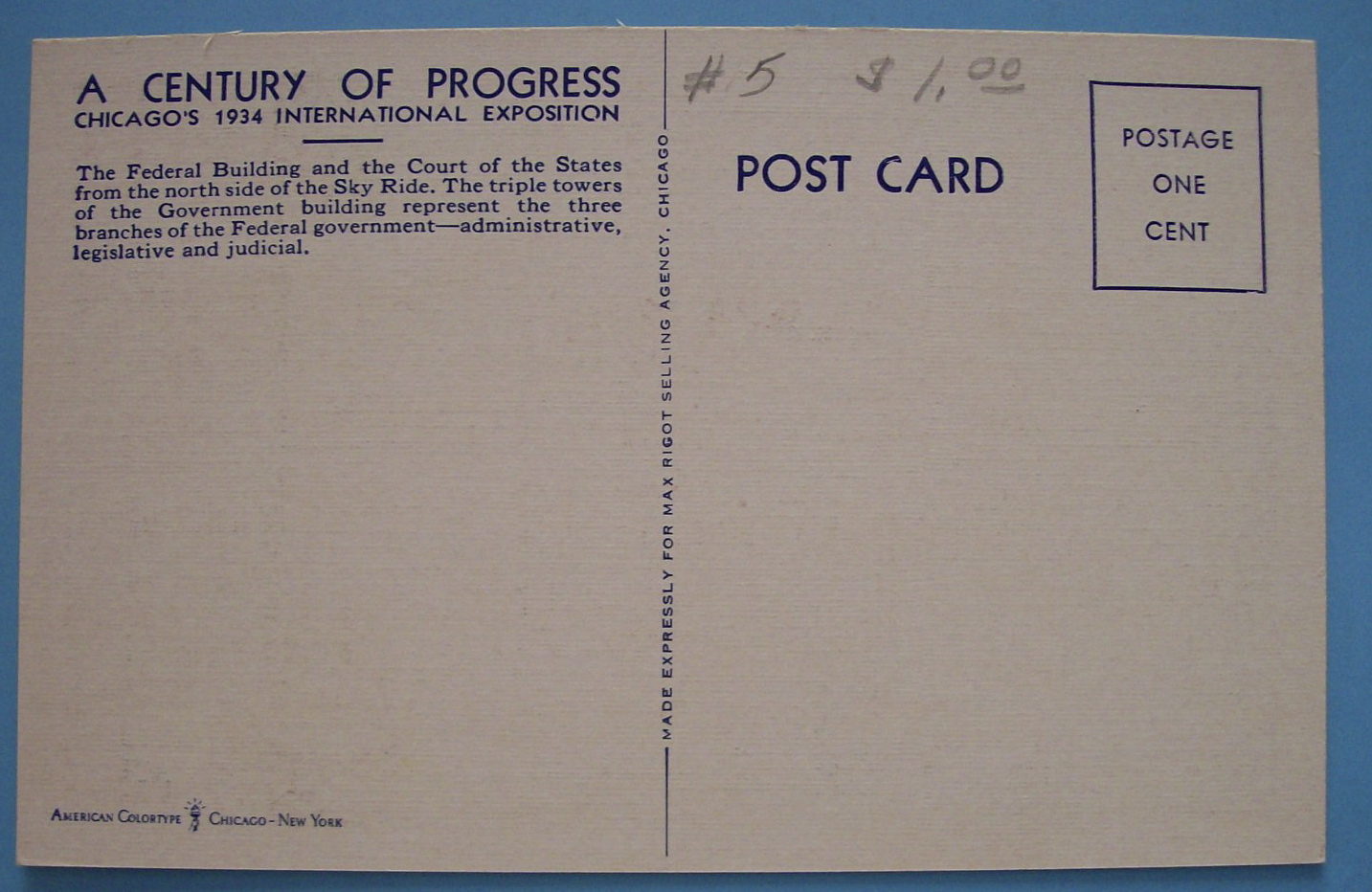 1933 Century Of Progress U. S. Government Bldg Postcard