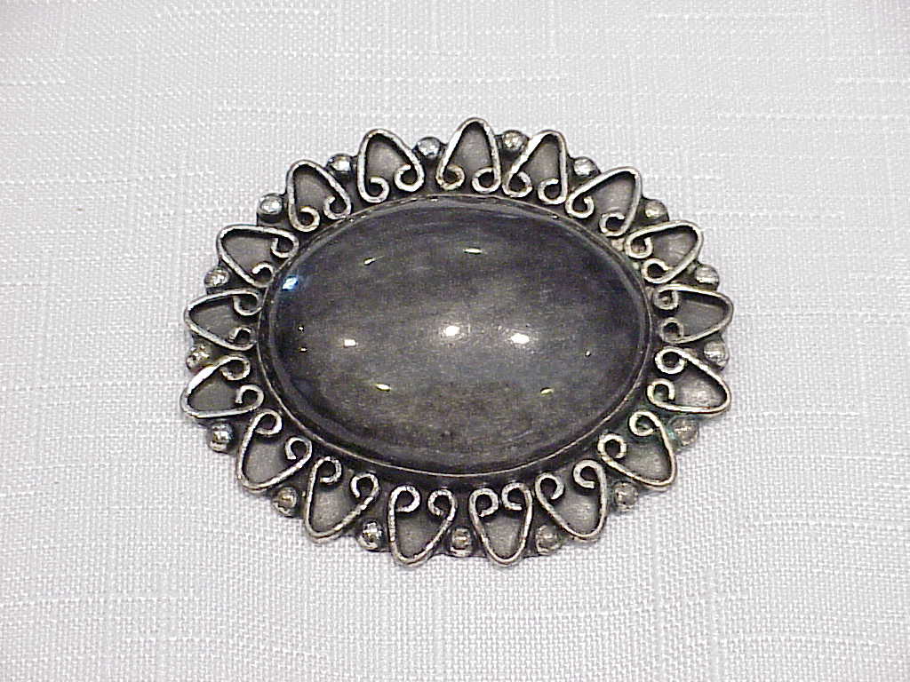 Castaneda Taxco Mexican Sterling Silver Fossil Stone Brooch Pendant