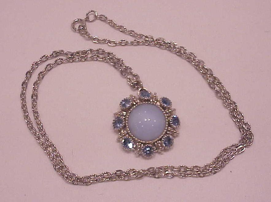 Vintage Blue Faux Moonstone And Rhinestone Pendant Necklace