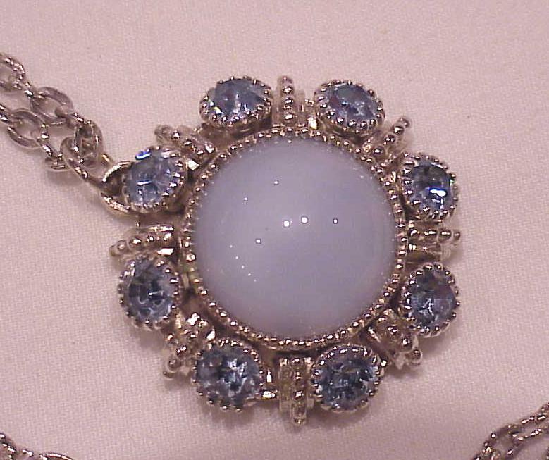 Vintage Blue Faux Moonstone And Rhinestone Pendant Necklace