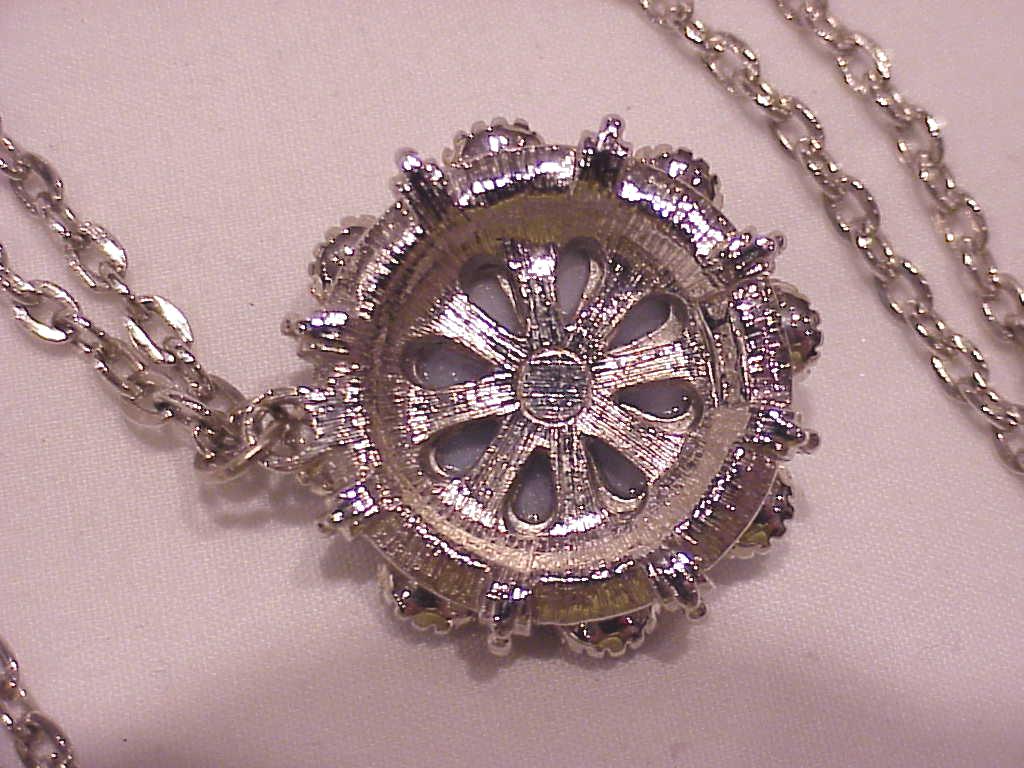 Vintage Blue Faux Moonstone And Rhinestone Pendant Necklace