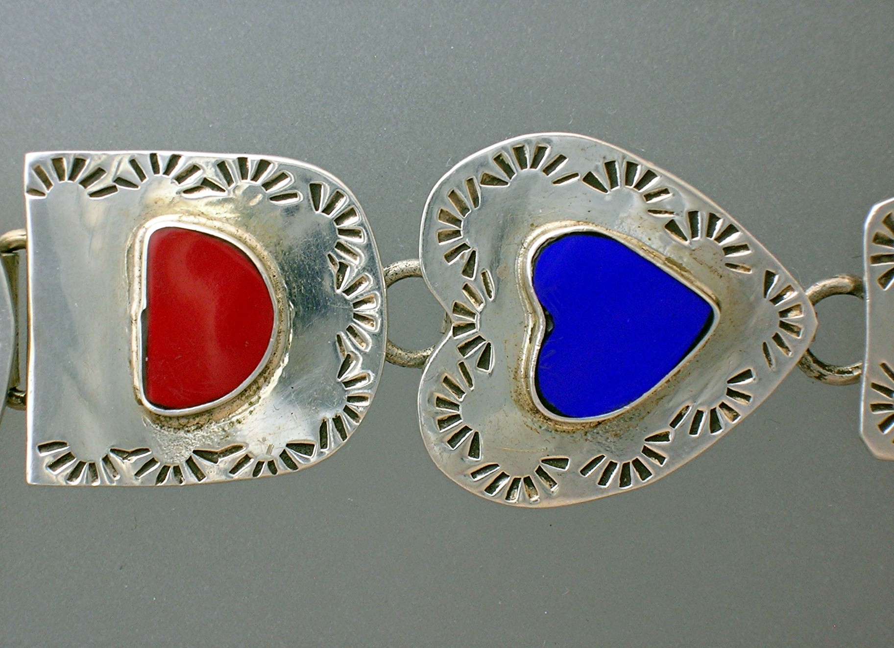 Coral Lapis malachite Sterling Silver heart bracelet.