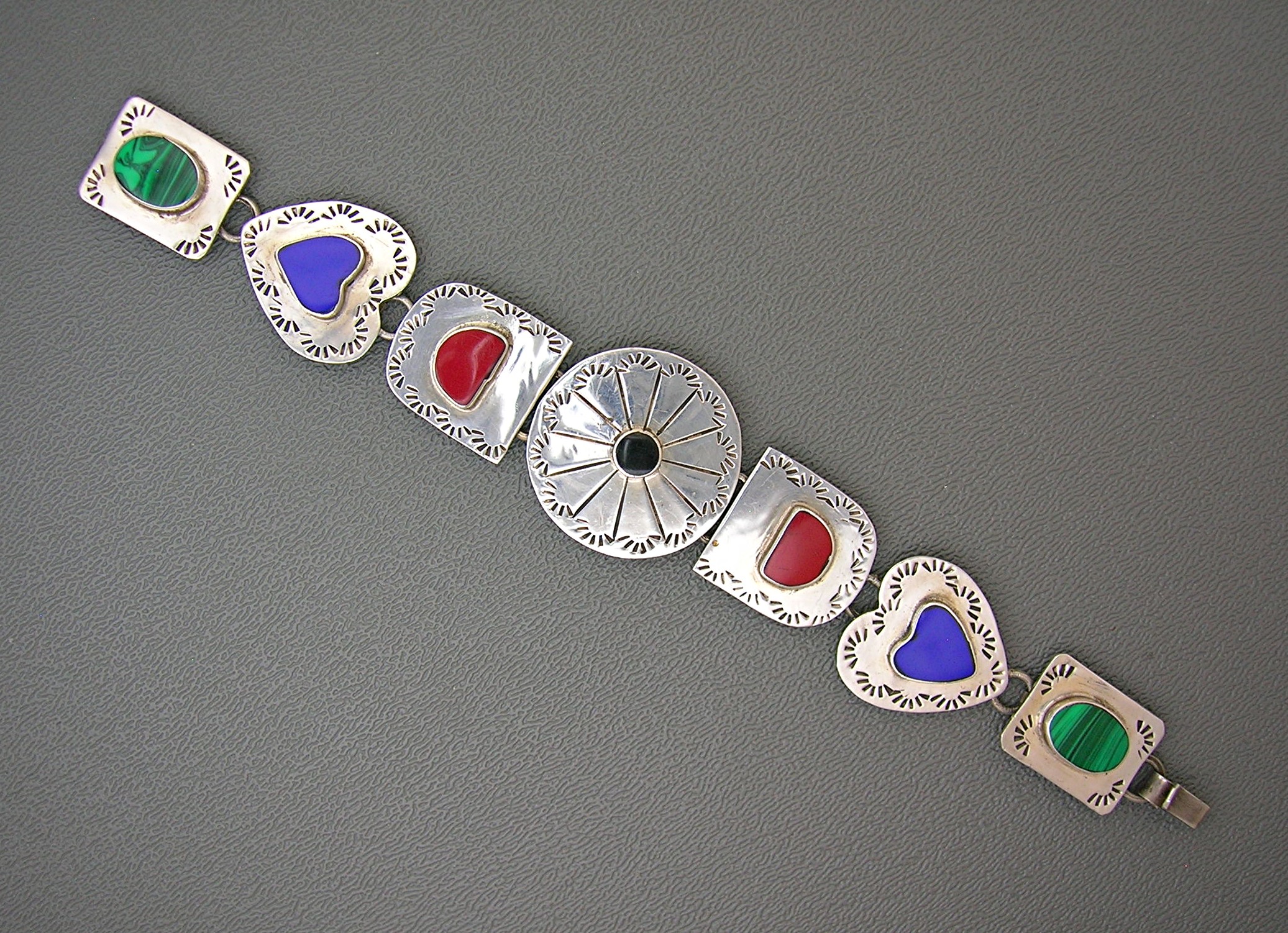 Coral Lapis malachite Sterling Silver heart bracelet.