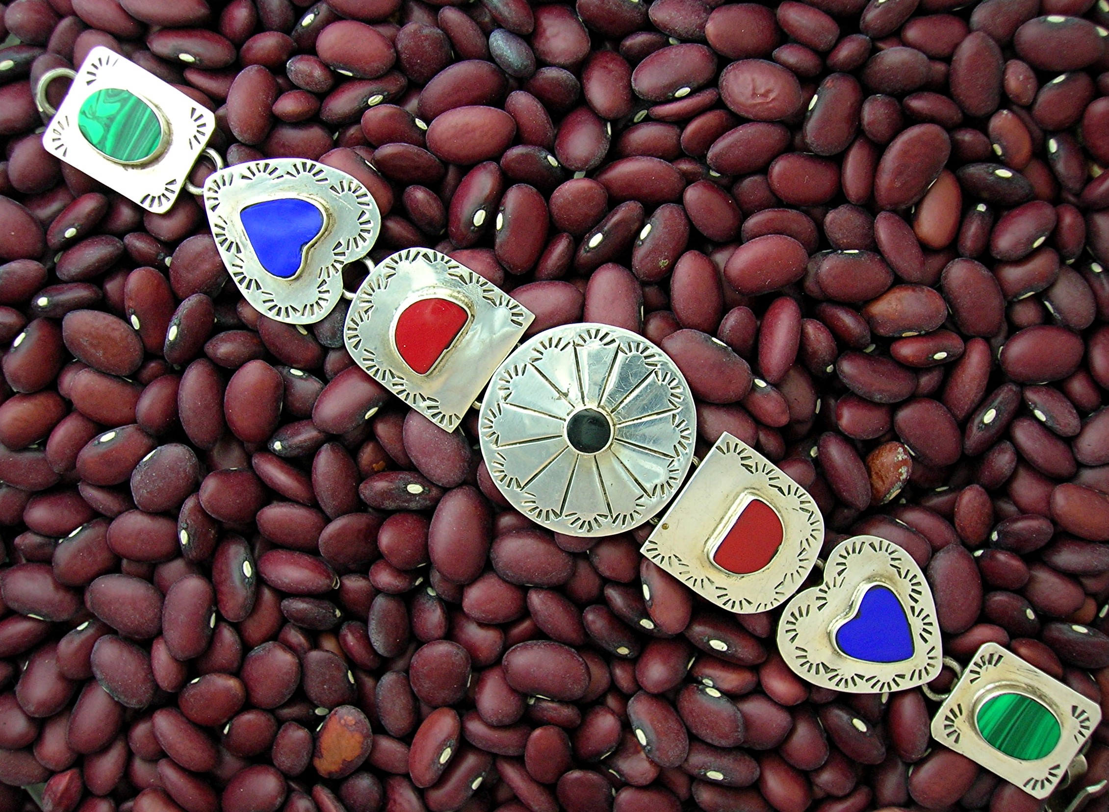 Coral Lapis malachite Sterling Silver heart bracelet.