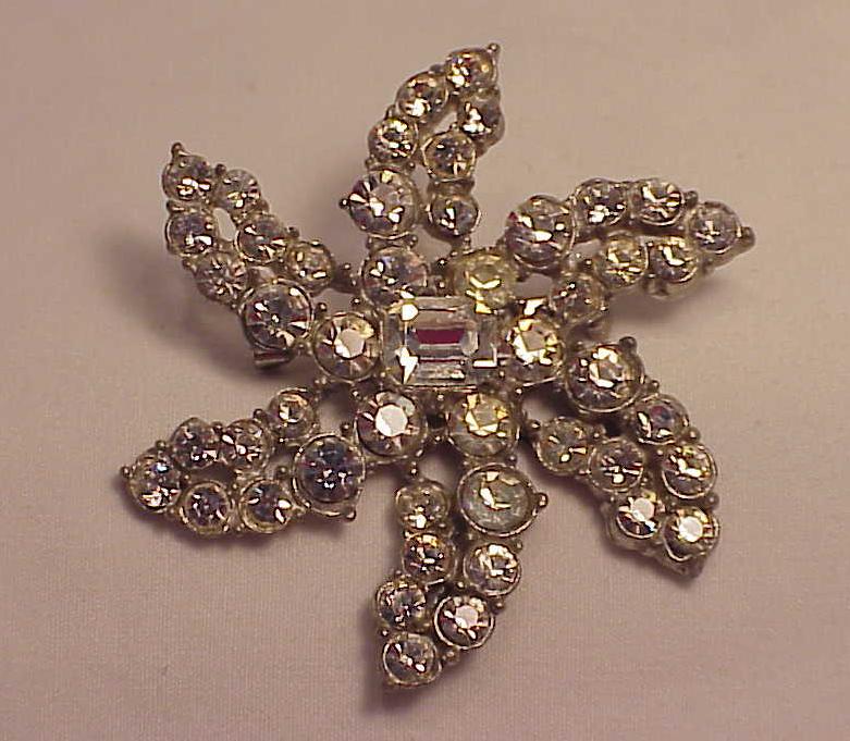 2 Vintage Clear Rhinestone Pot Metal Brooch Brooches