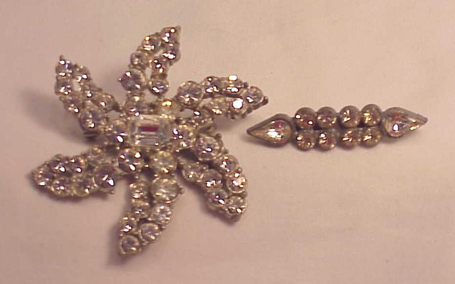 2 Vintage Clear Rhinestone Pot Metal Brooch Brooches