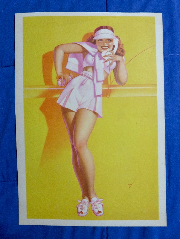 Original 1945 Sexy Petty Pin Up Girl Wearing A Tennis Outfit & Talking On The Telephone By George Petty