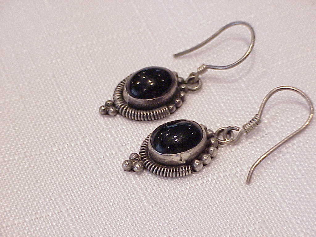 Dangling Sterling Silver And Black Onyx Pierced Earrings
