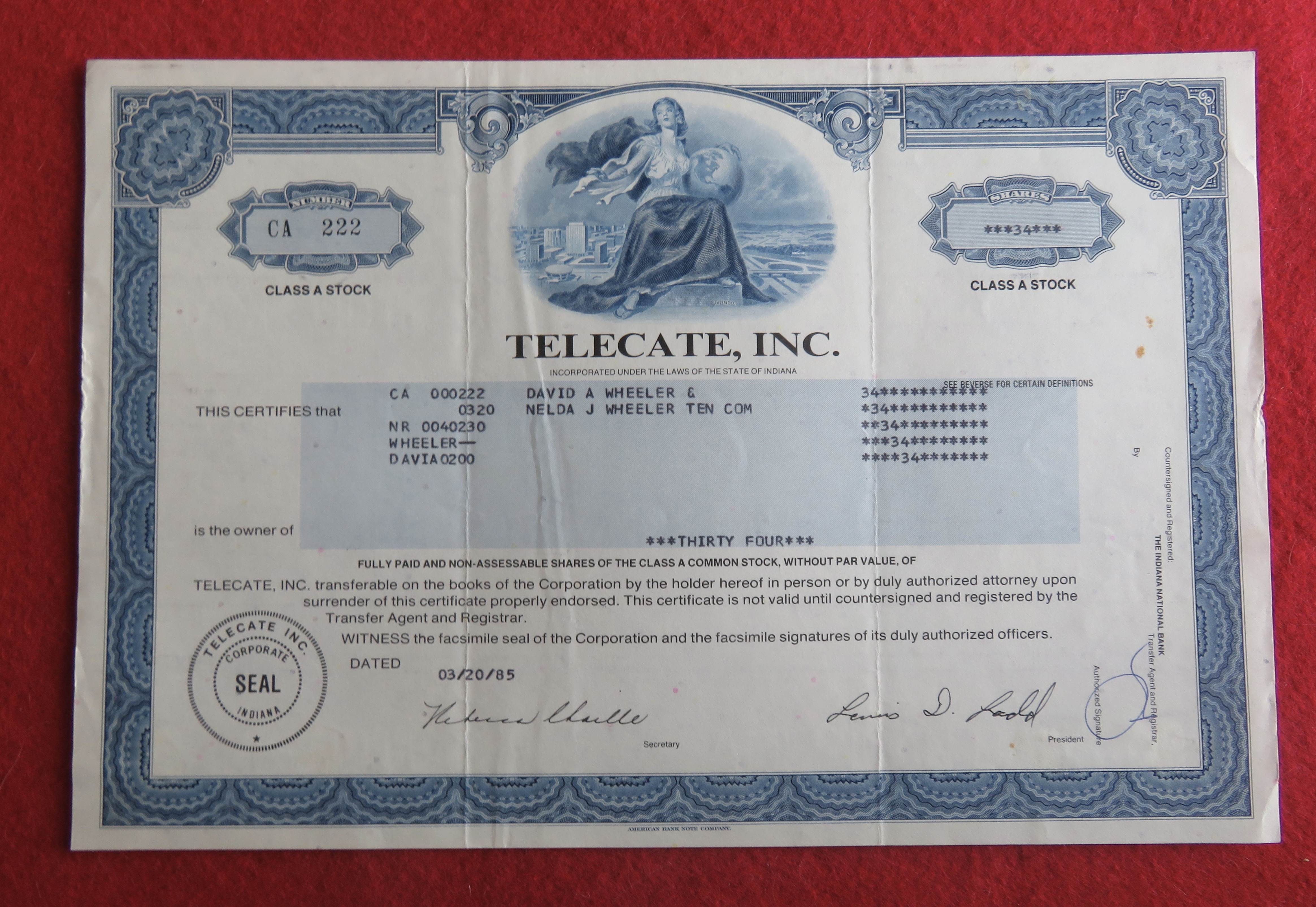 1985 Telecate Incorporated Stock Certificate