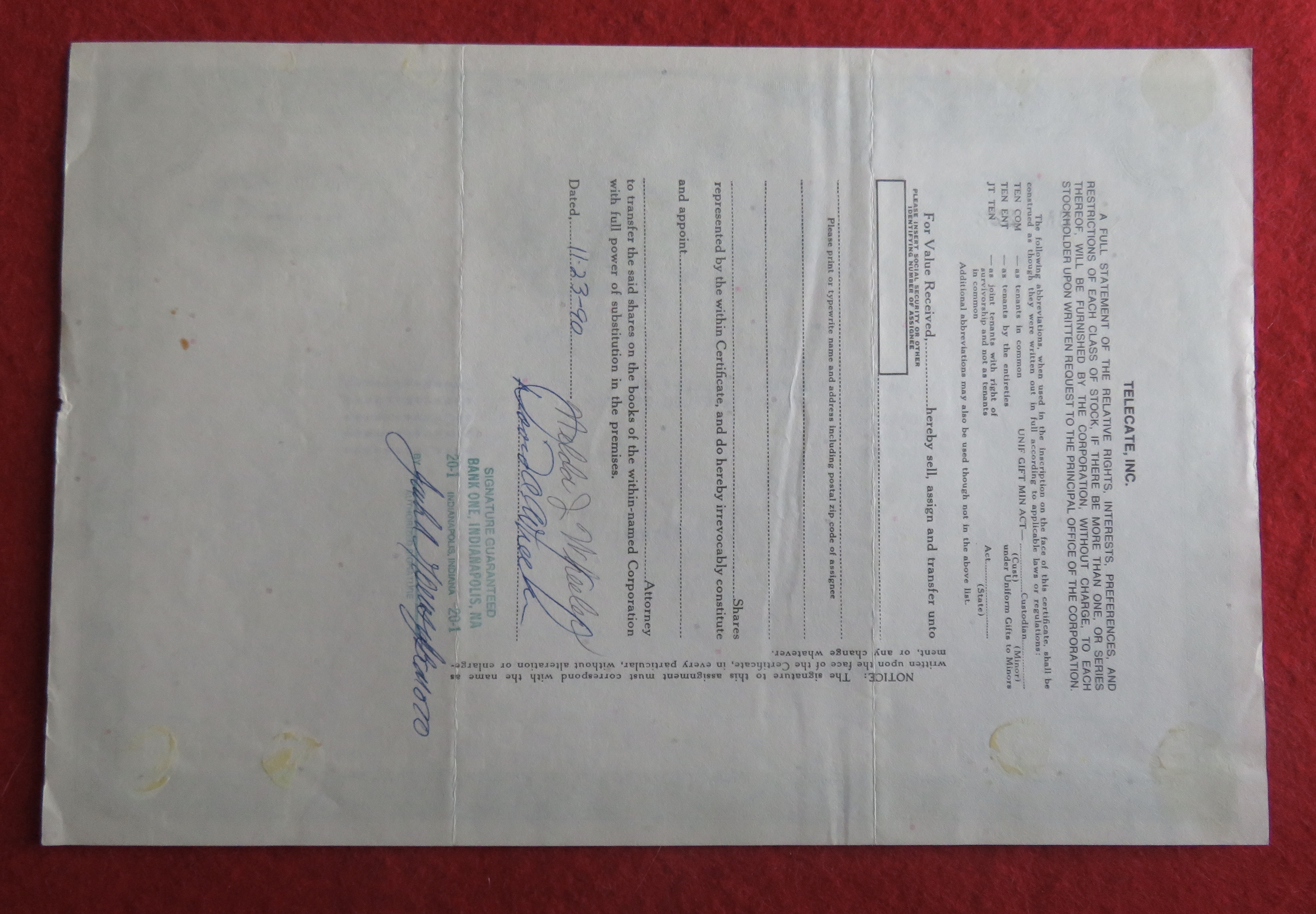 1985 Telecate Incorporated Stock Certificate
