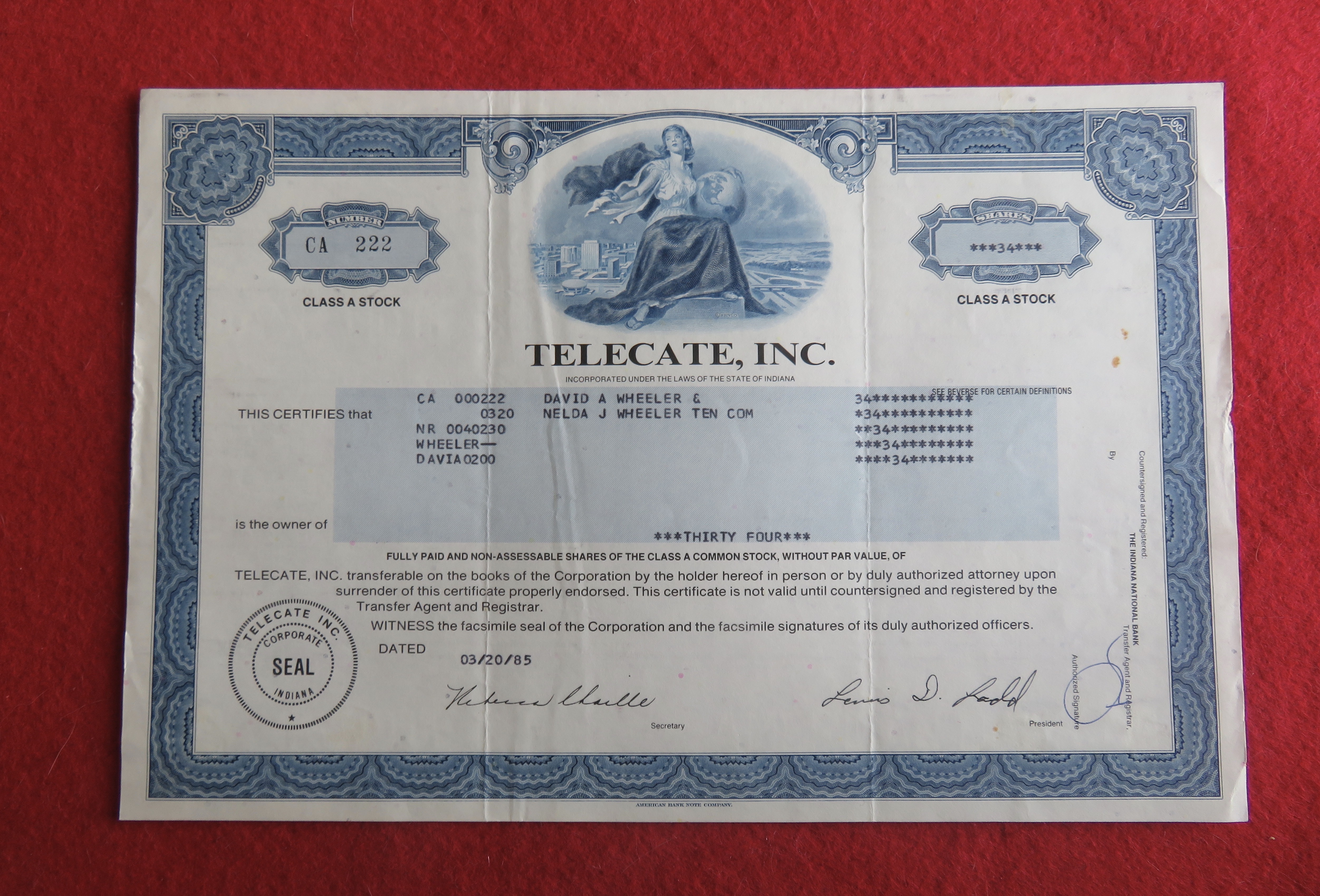 1985 Telecate Incorporated Stock Certificate
