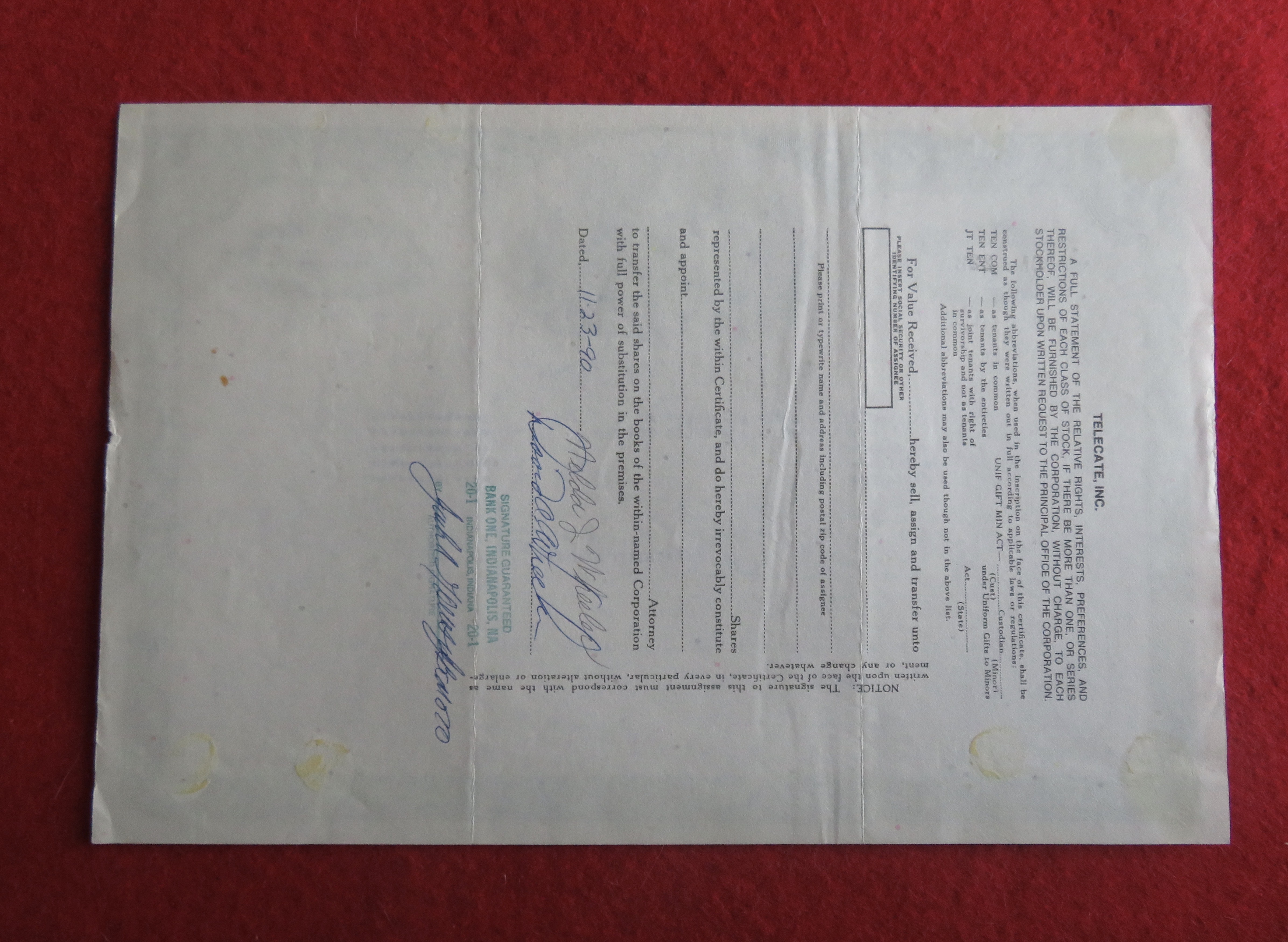 1985 Telecate Incorporated Stock Certificate