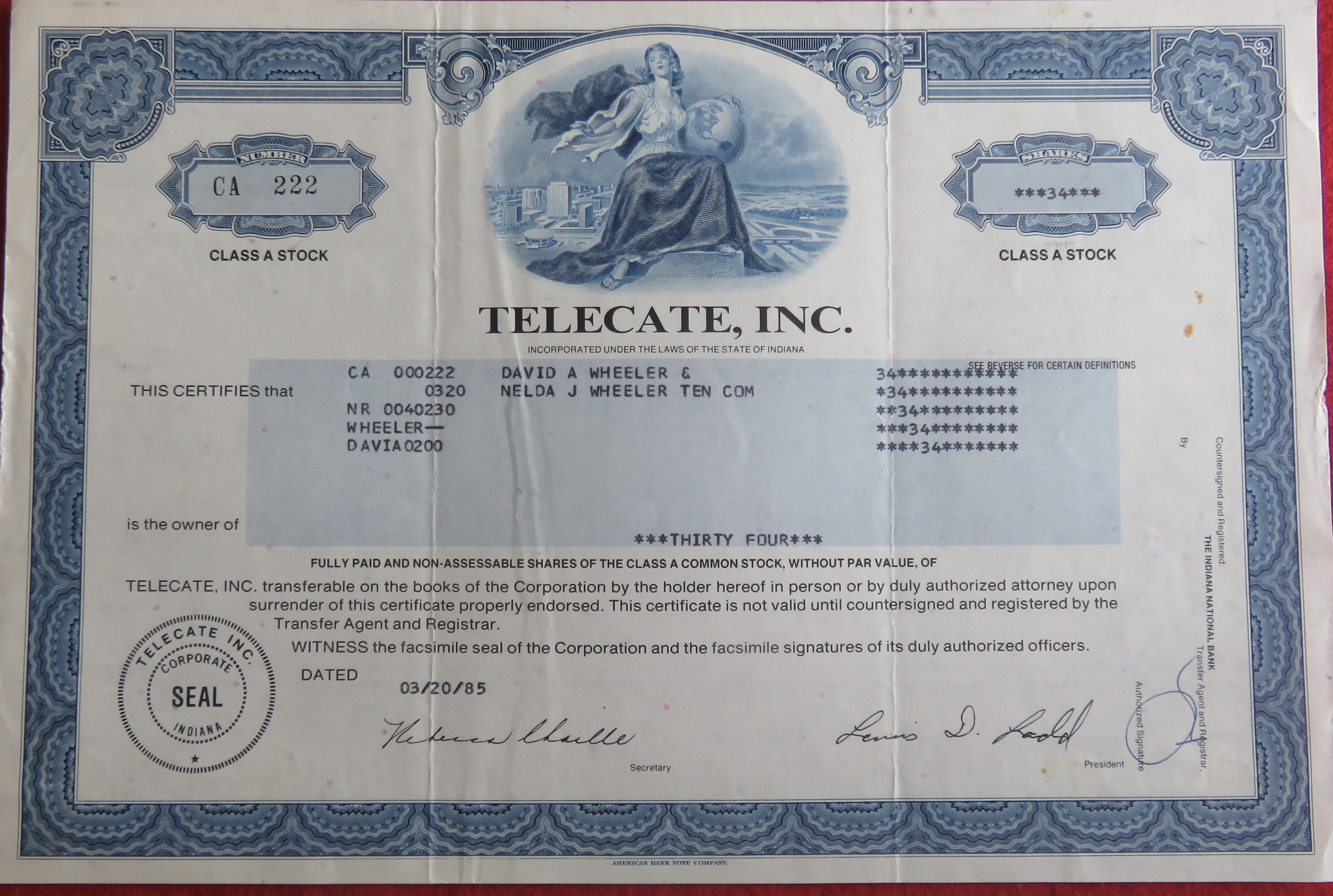 1985 Telecate Incorporated Stock Certificate