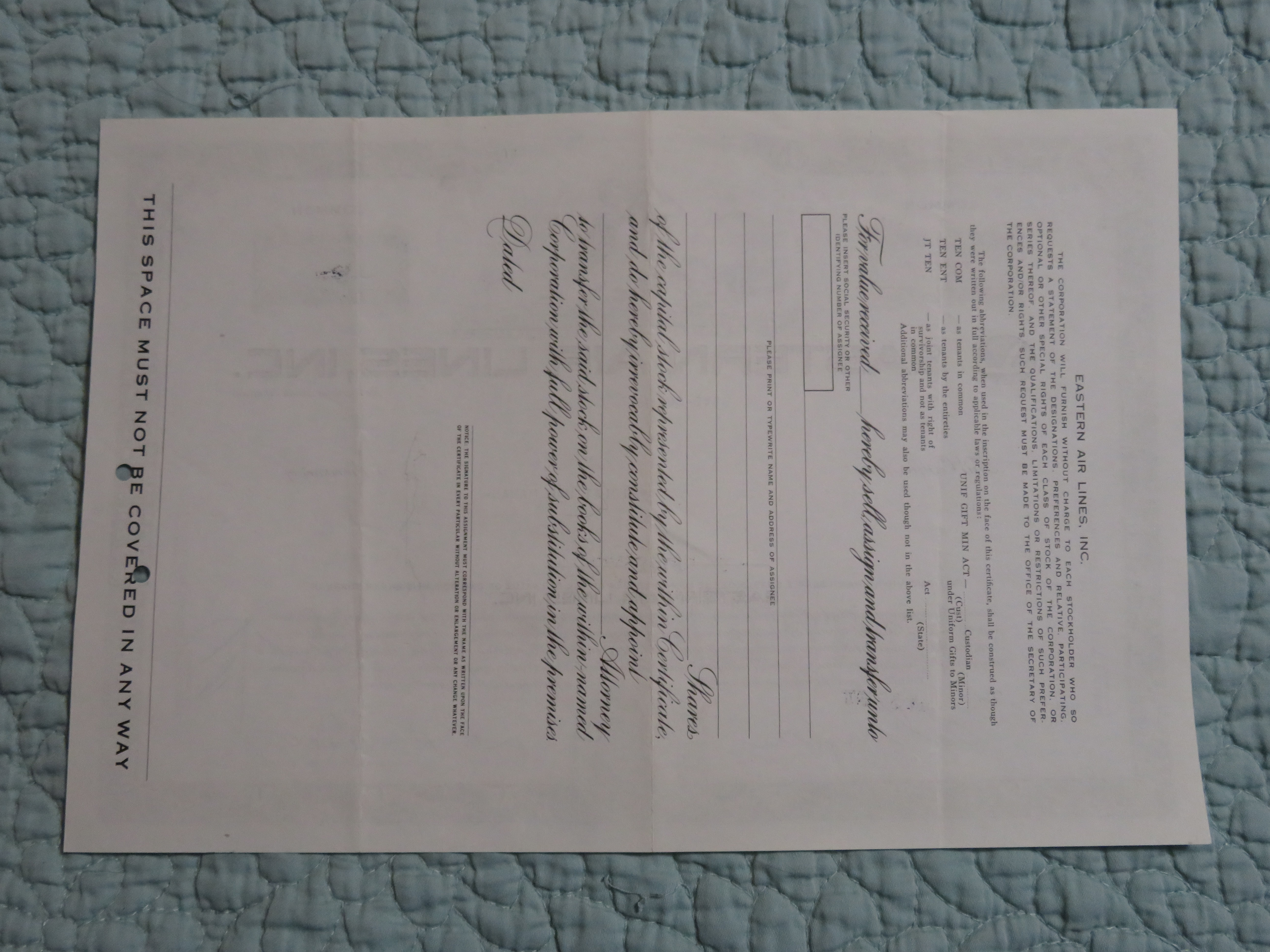 1970 Eastern Air Lines Inc Stock Certificate