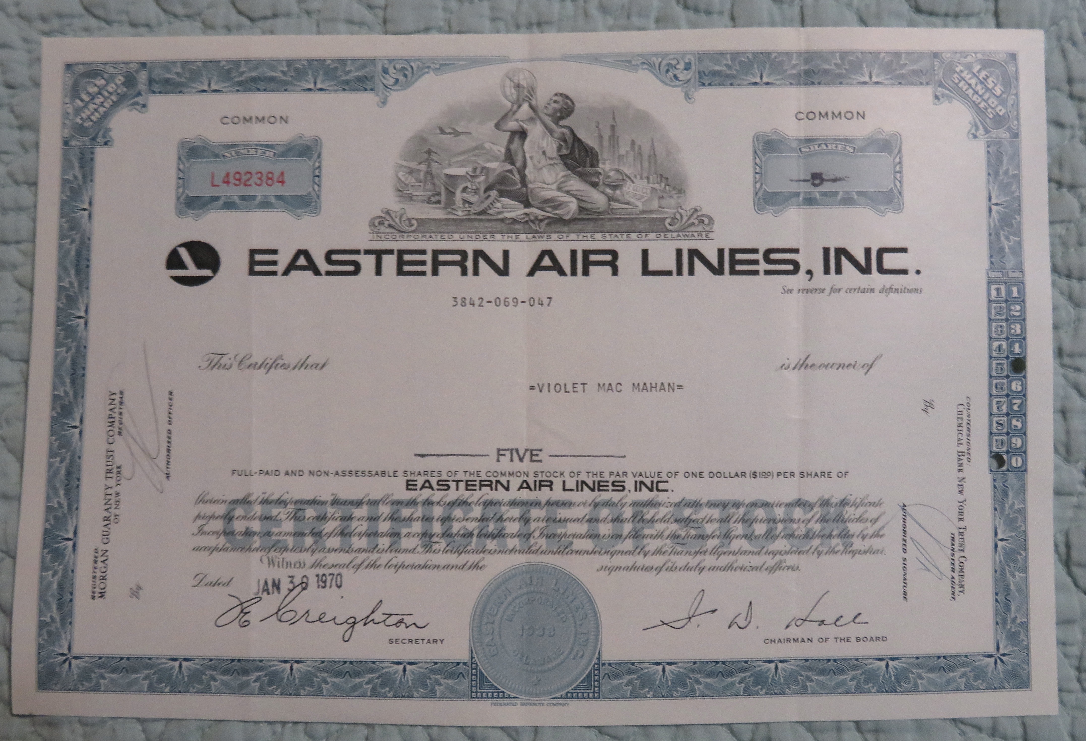 1970 Eastern Air Lines Inc Stock Certificate