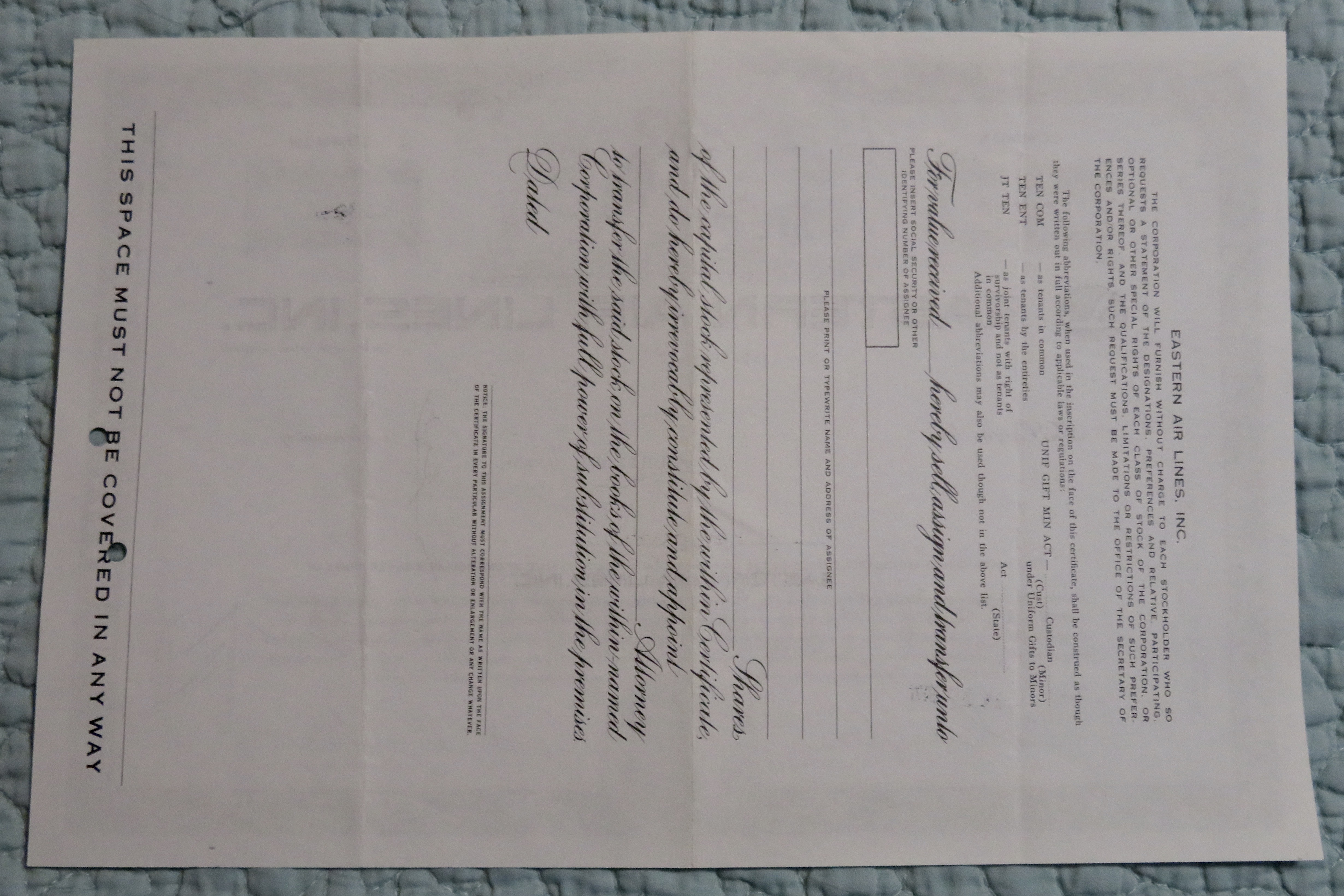 1970 Eastern Air Lines Inc Stock Certificate