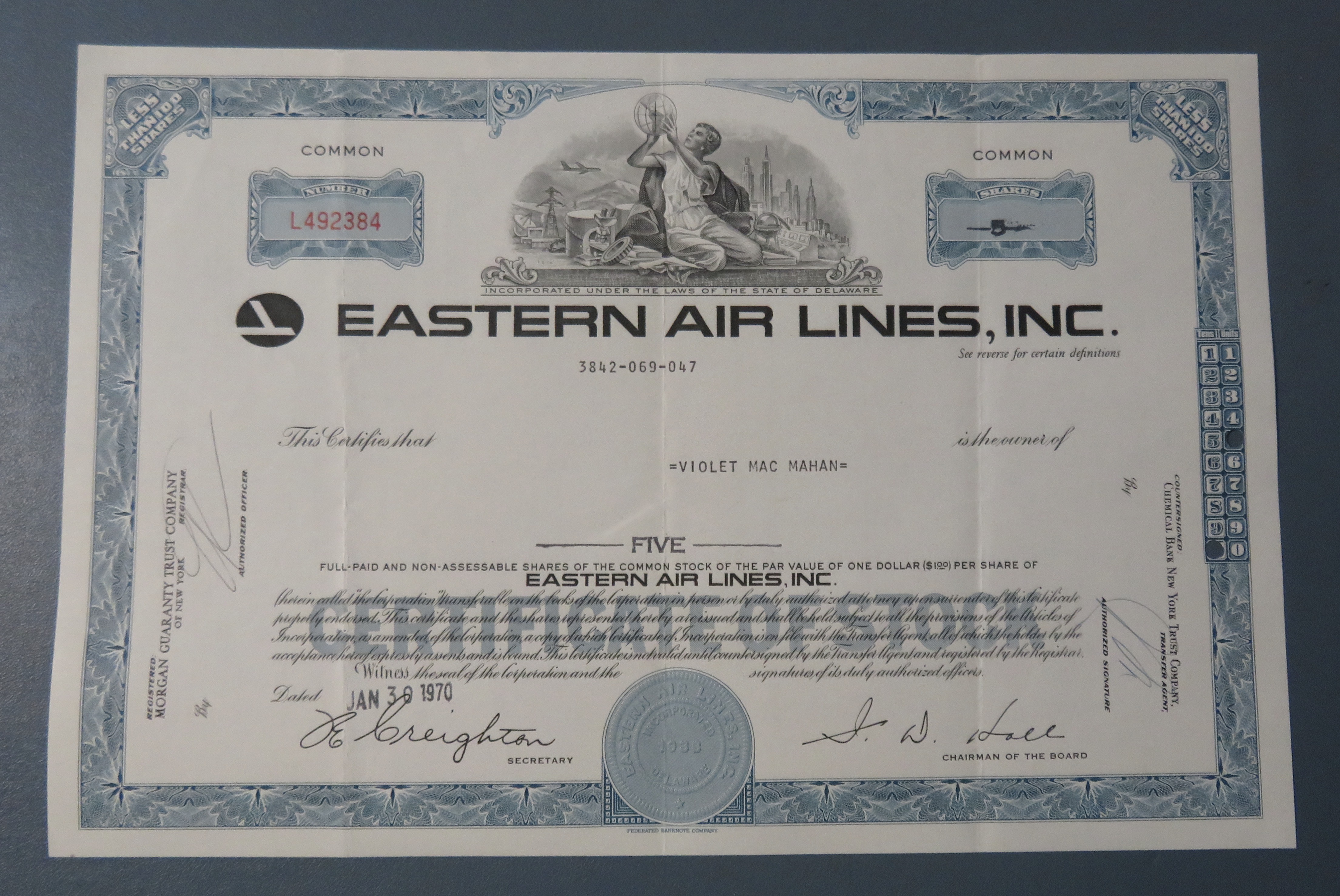 1970 Eastern Air Lines Inc Stock Certificate