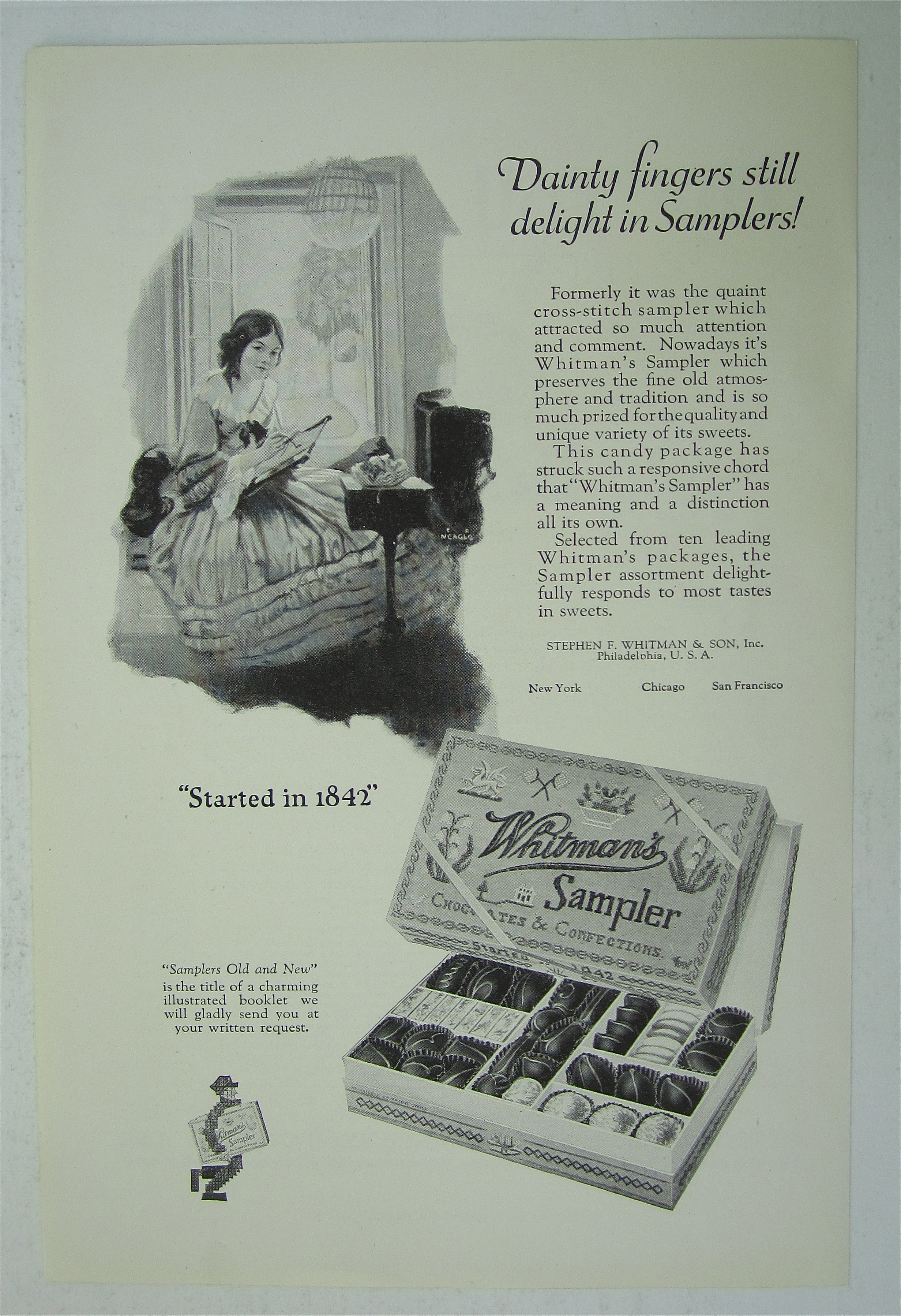 1925 Whitman's Sampler with Girl Cross Stitching