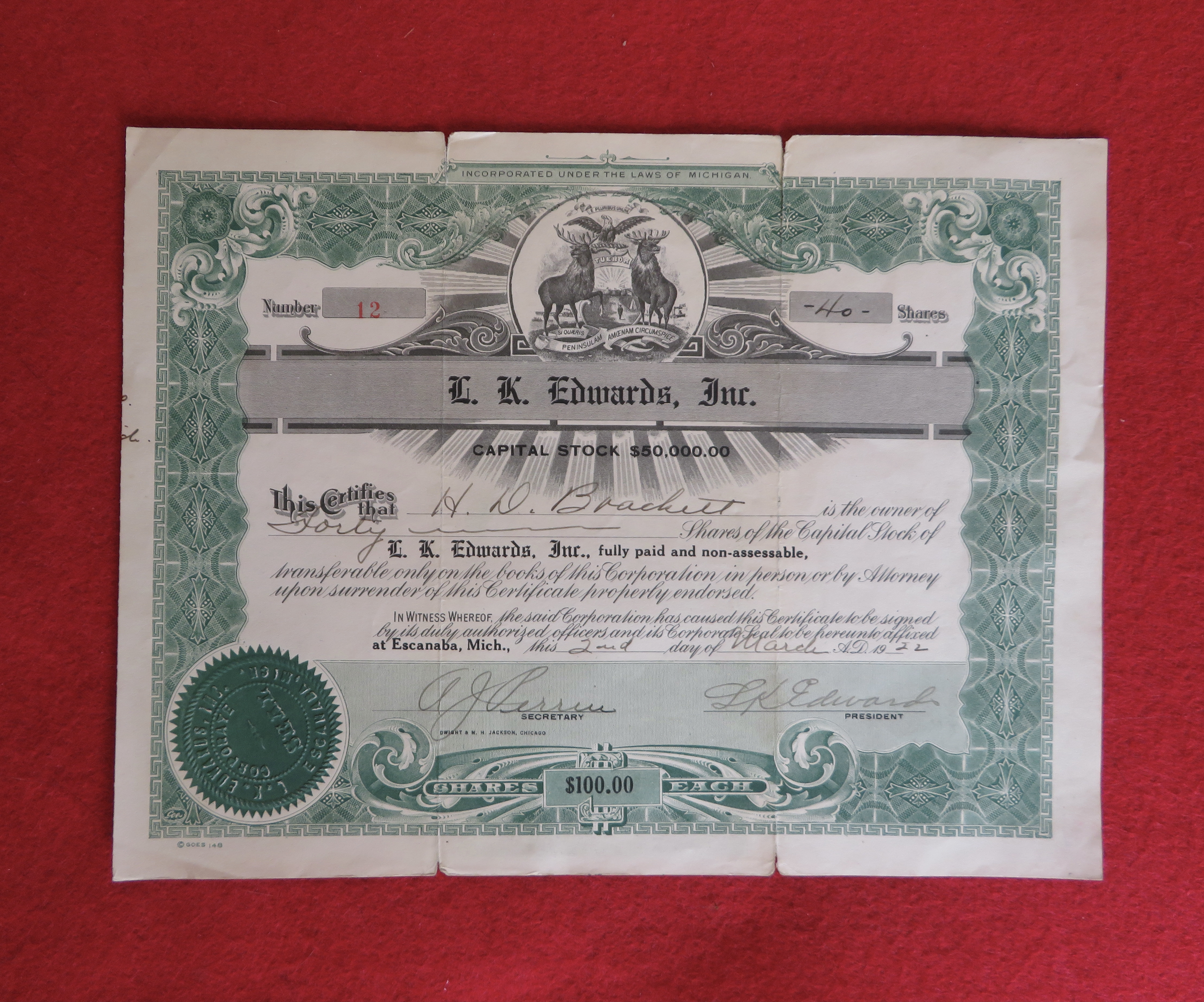 1922 L. K. Edwards Incorporated Stock Certificate