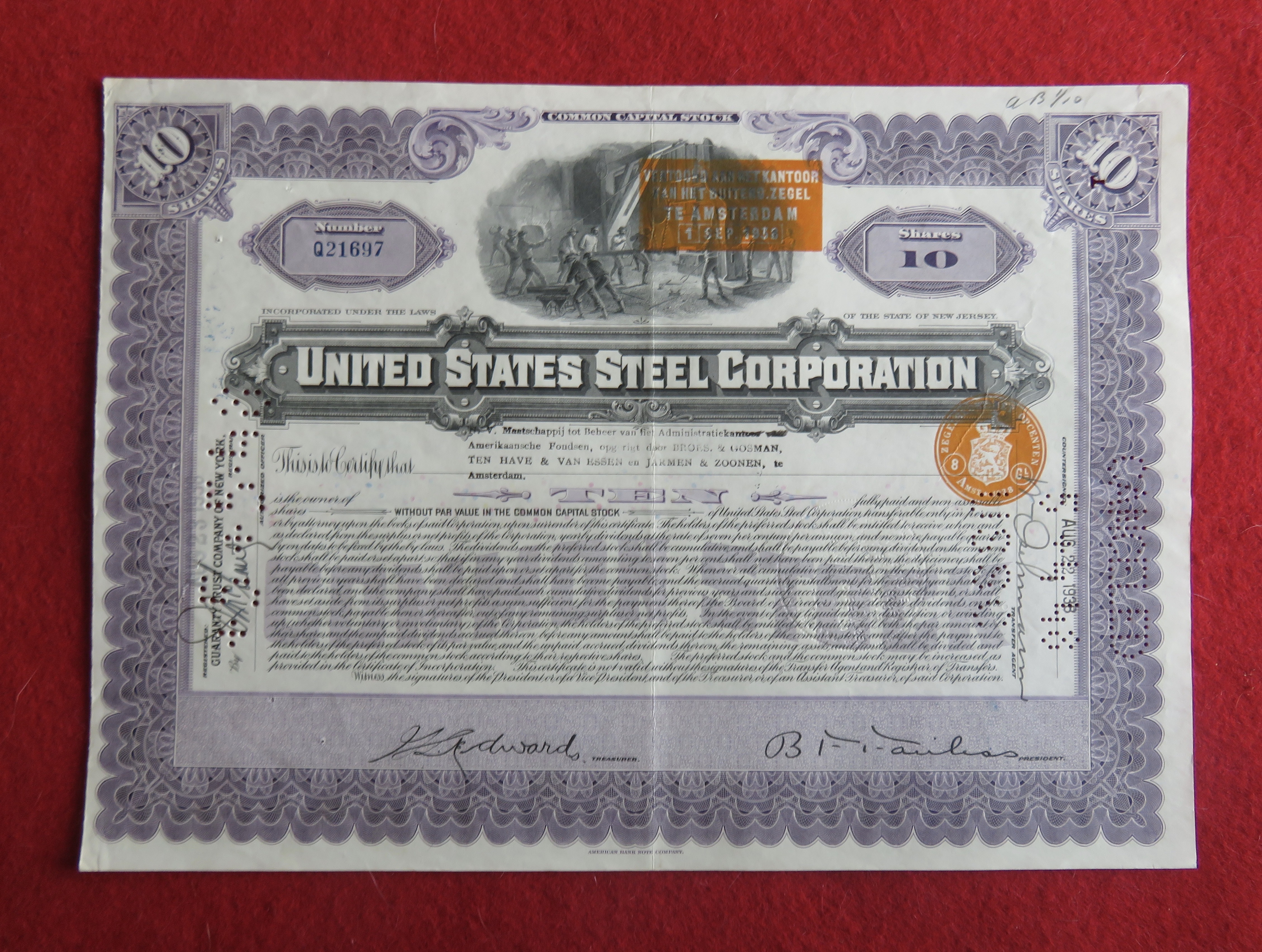 1938 United States Steel Corporation Stock Certificate