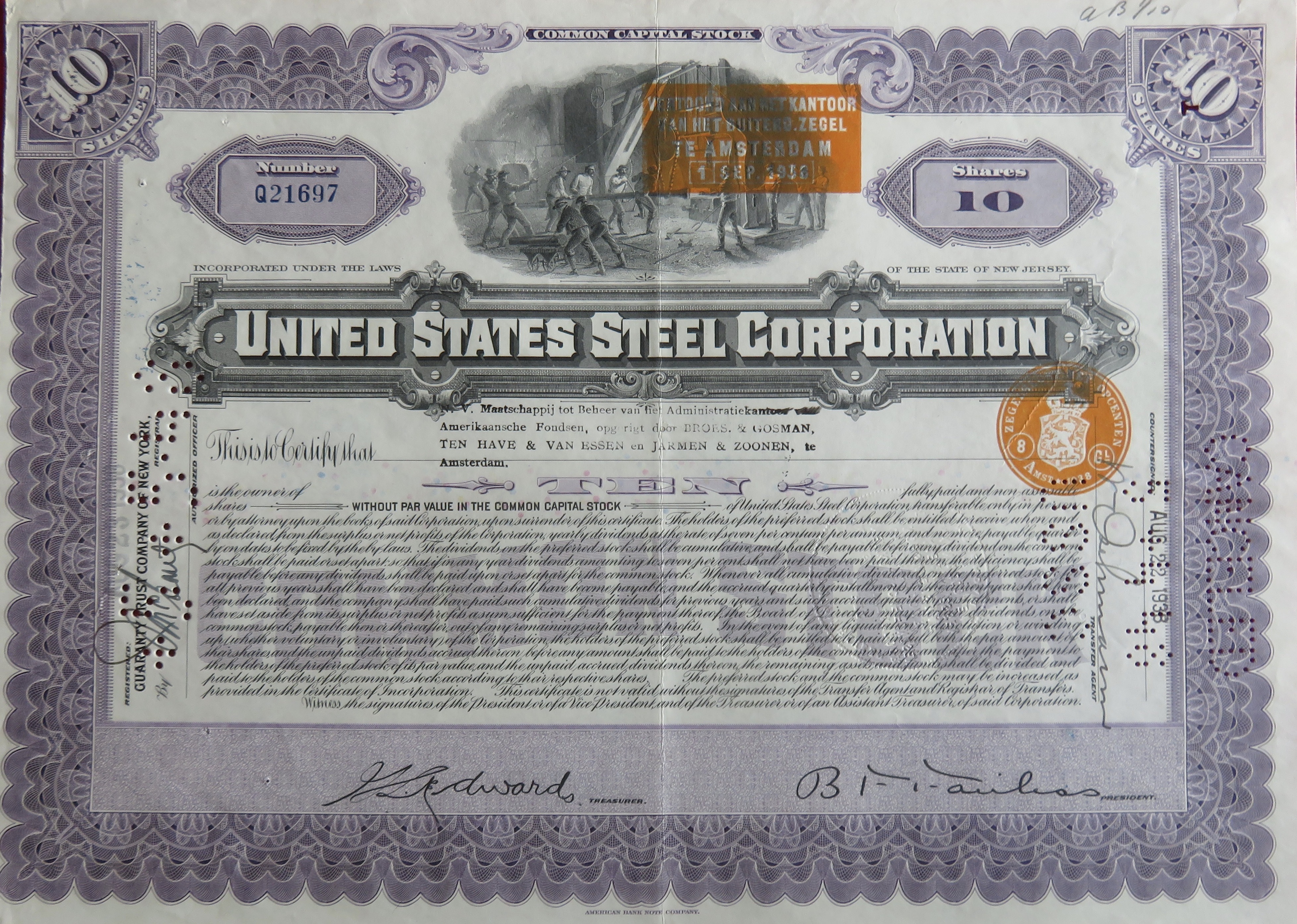 1938 United States Steel Corporation Stock Certificate
