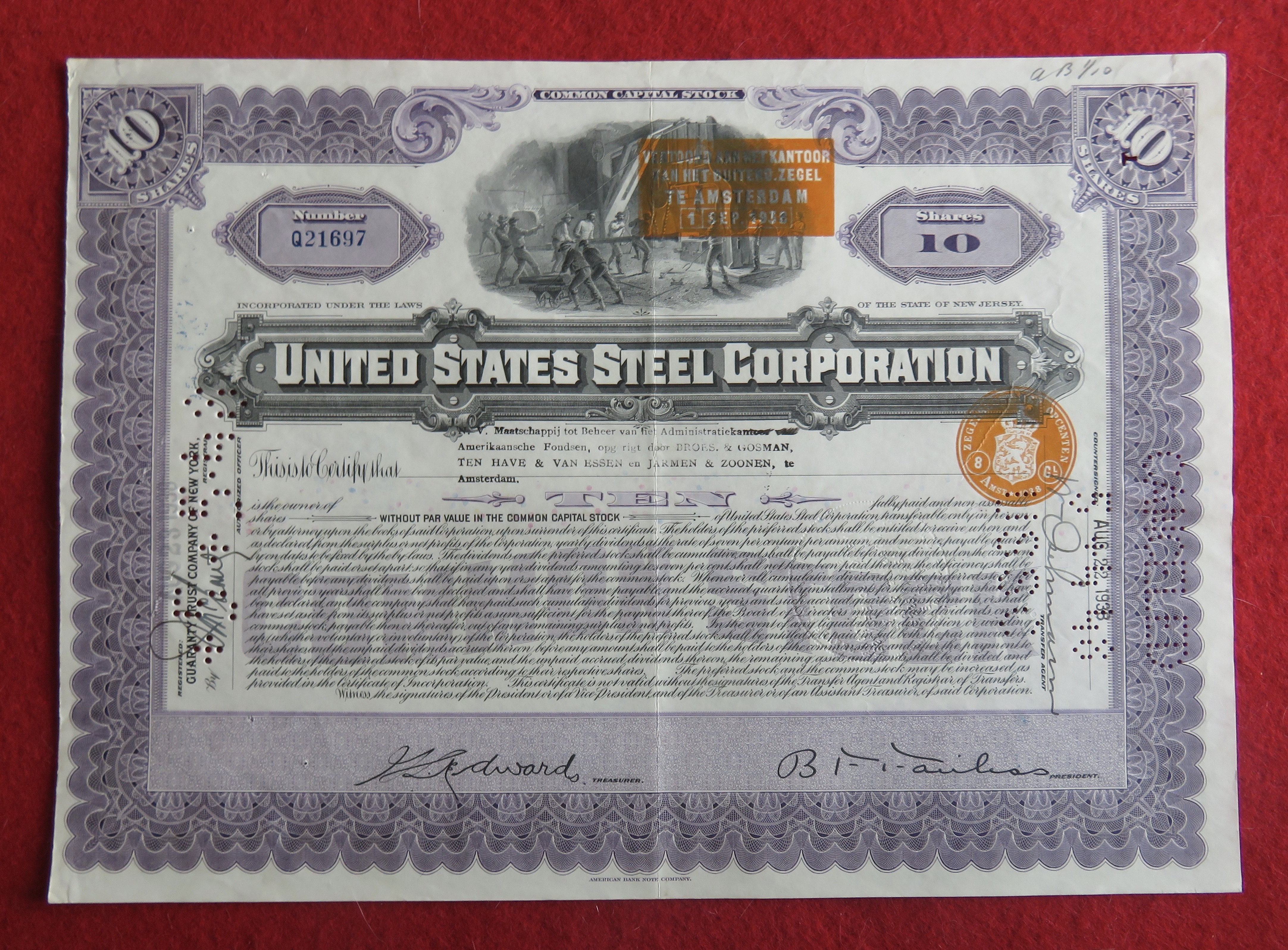 1938 United States Steel Corporation Stock Certificate