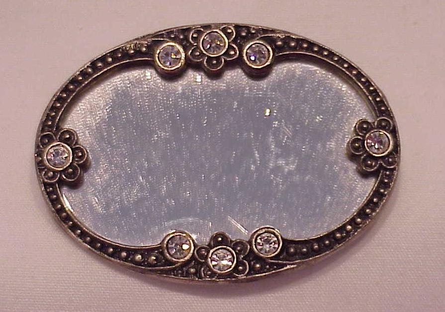 Silver Tone Rhinestone And Mirror Brooch