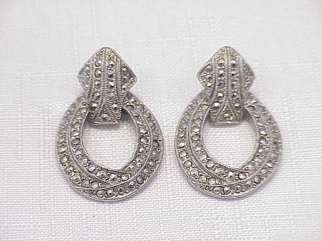 Dangling Silver Tone And Marcasite Pierced Earrings