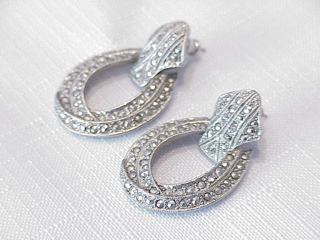 Dangling Silver Tone And Marcasite Pierced Earrings