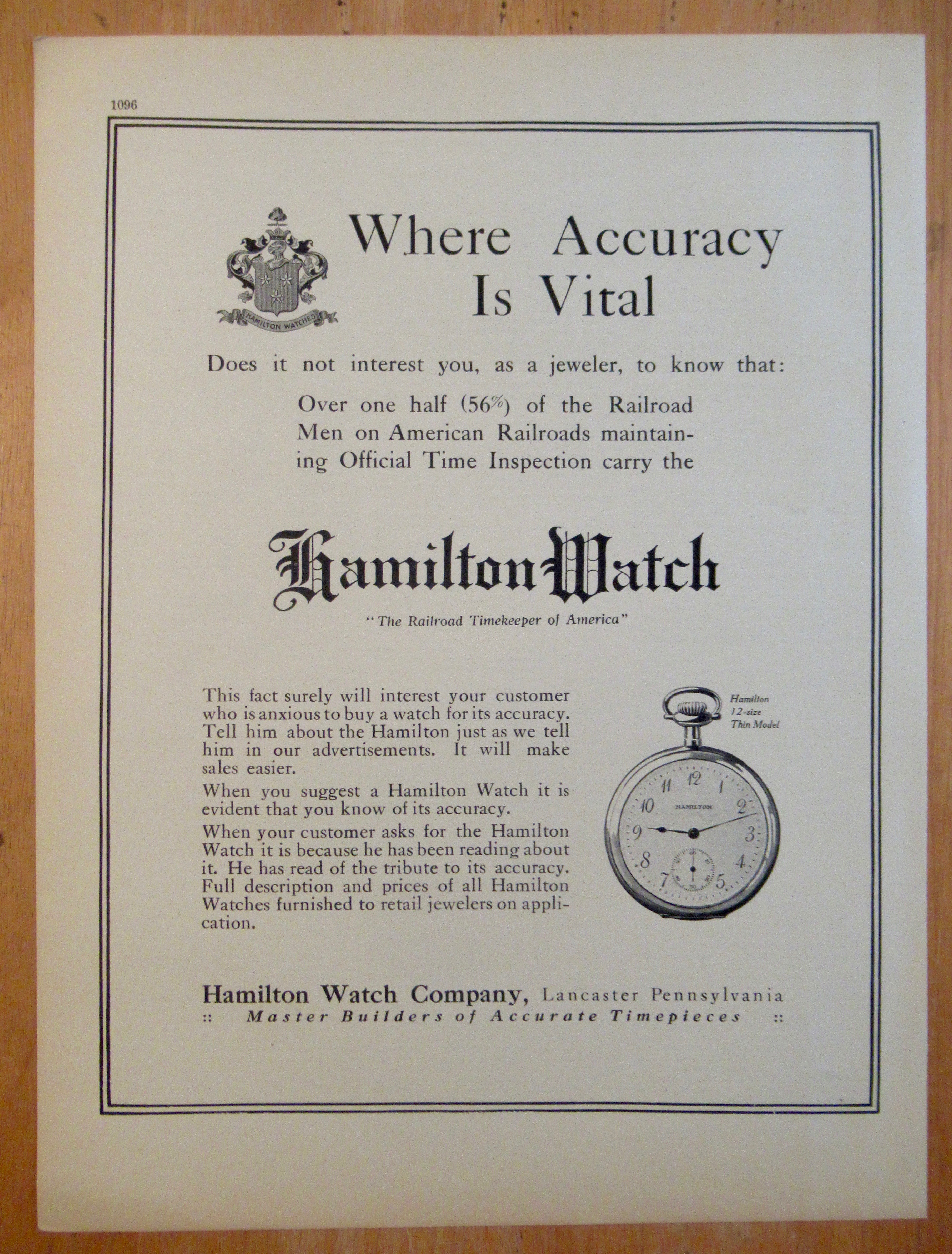 1913 Hamilton Watch Company w/ 12-Size Thin Model