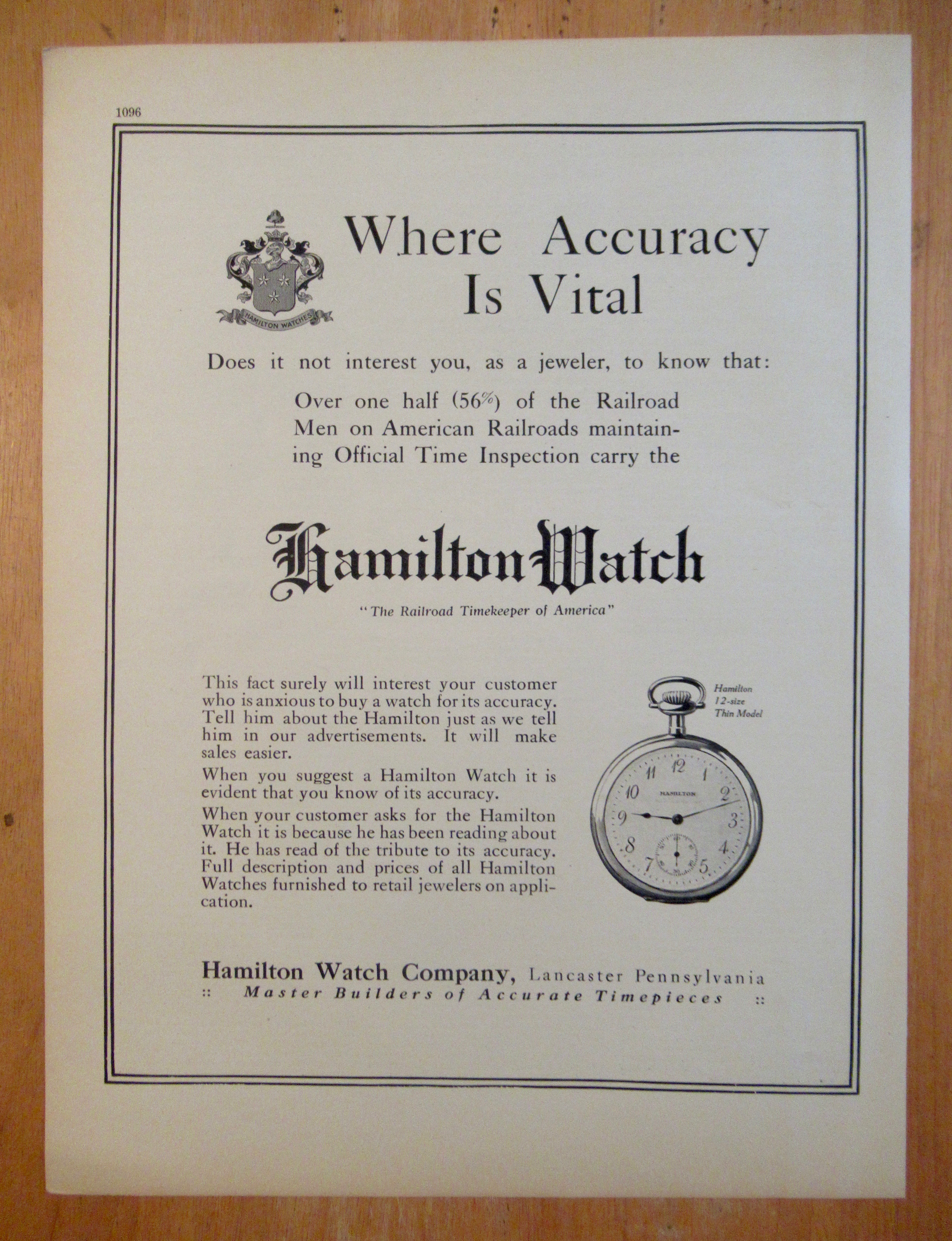 1913 Hamilton Watch Company w/ 12-Size Thin Model