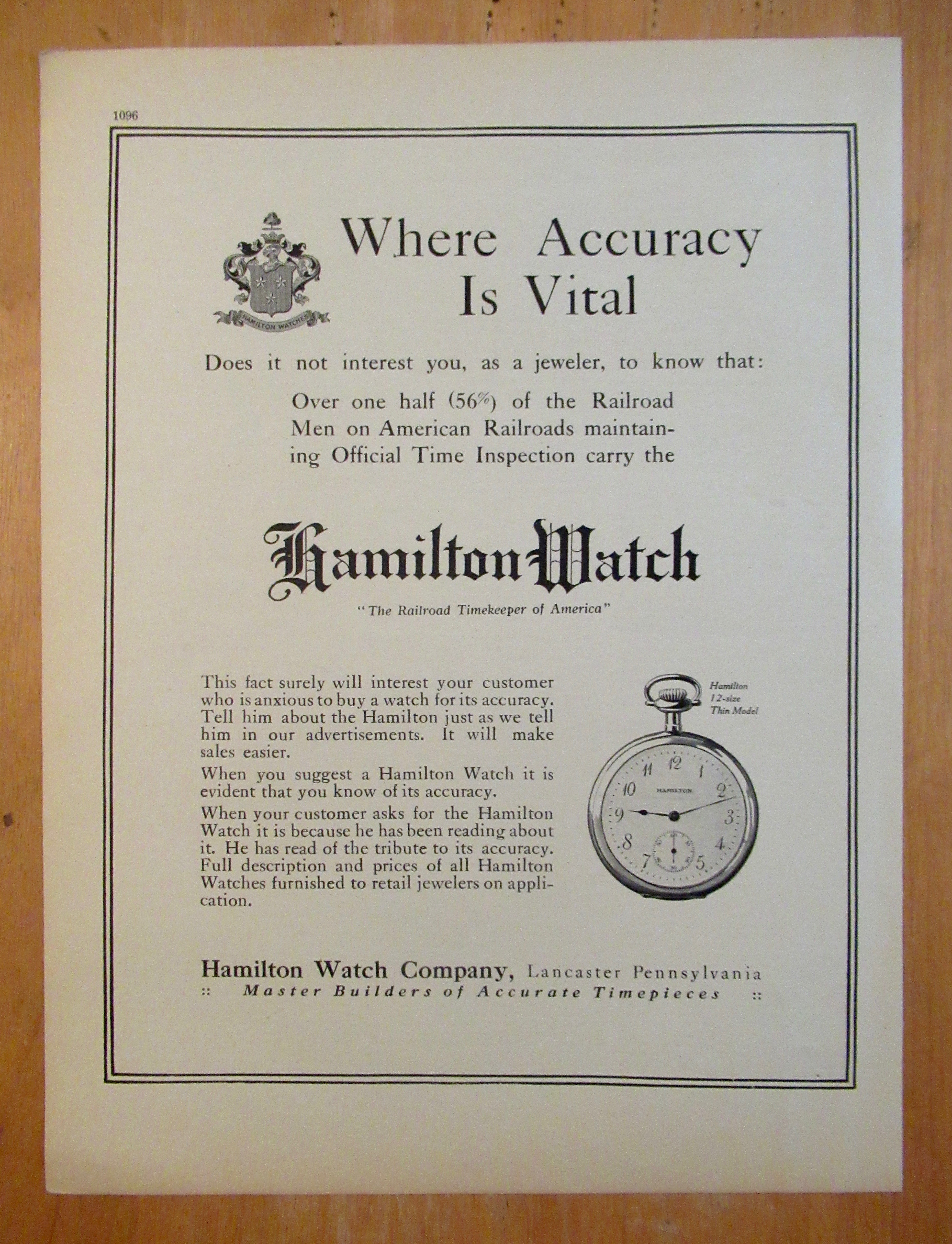 1913 Hamilton Watch Company w/ 12-Size Thin Model