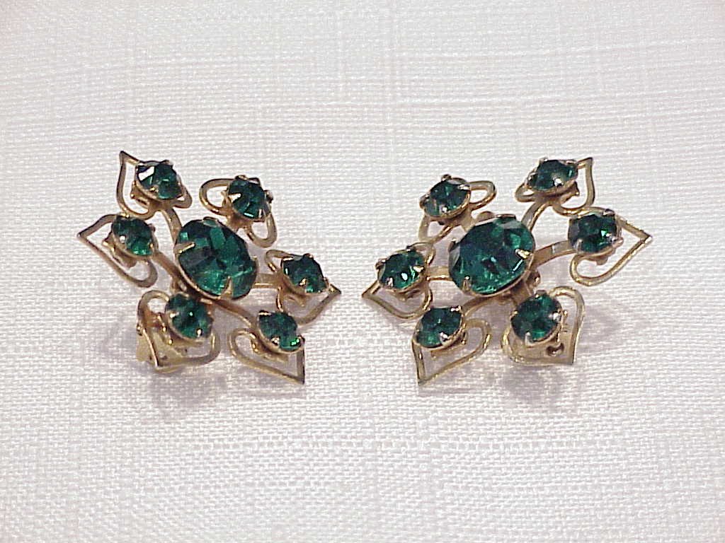 Vintage Pair Of Dark Emerald Green Rhinestone Scatter Pins