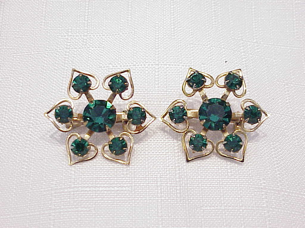Vintage Pair Of Dark Emerald Green Rhinestone Scatter Pins