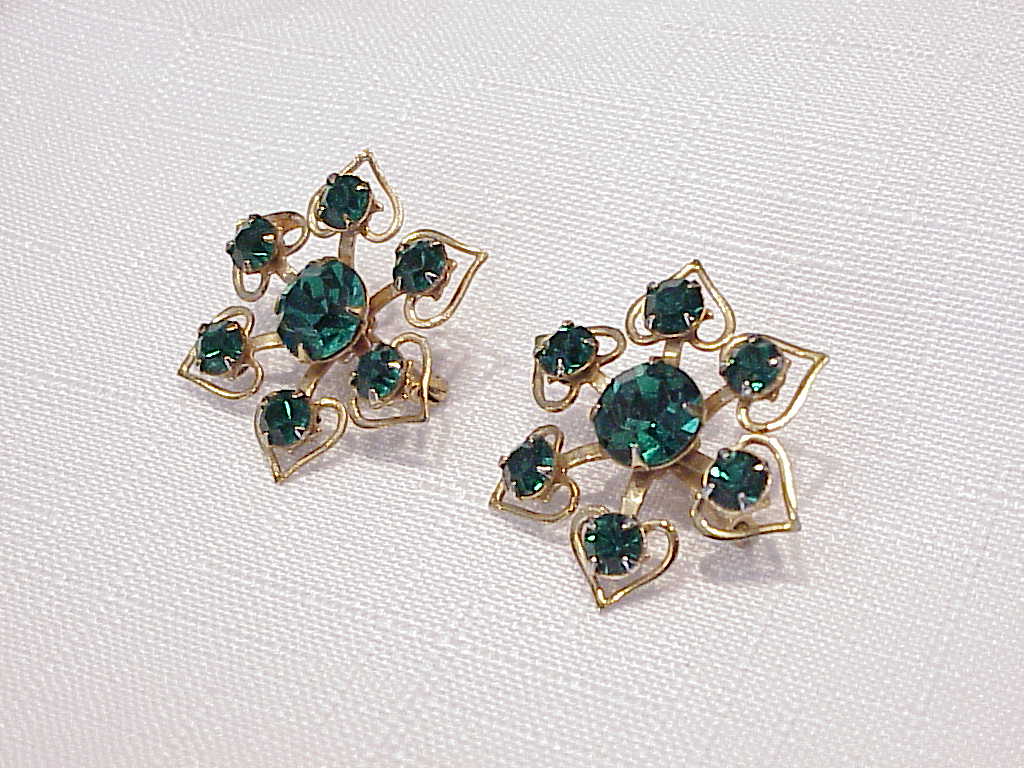 Vintage Pair Of Dark Emerald Green Rhinestone Scatter Pins