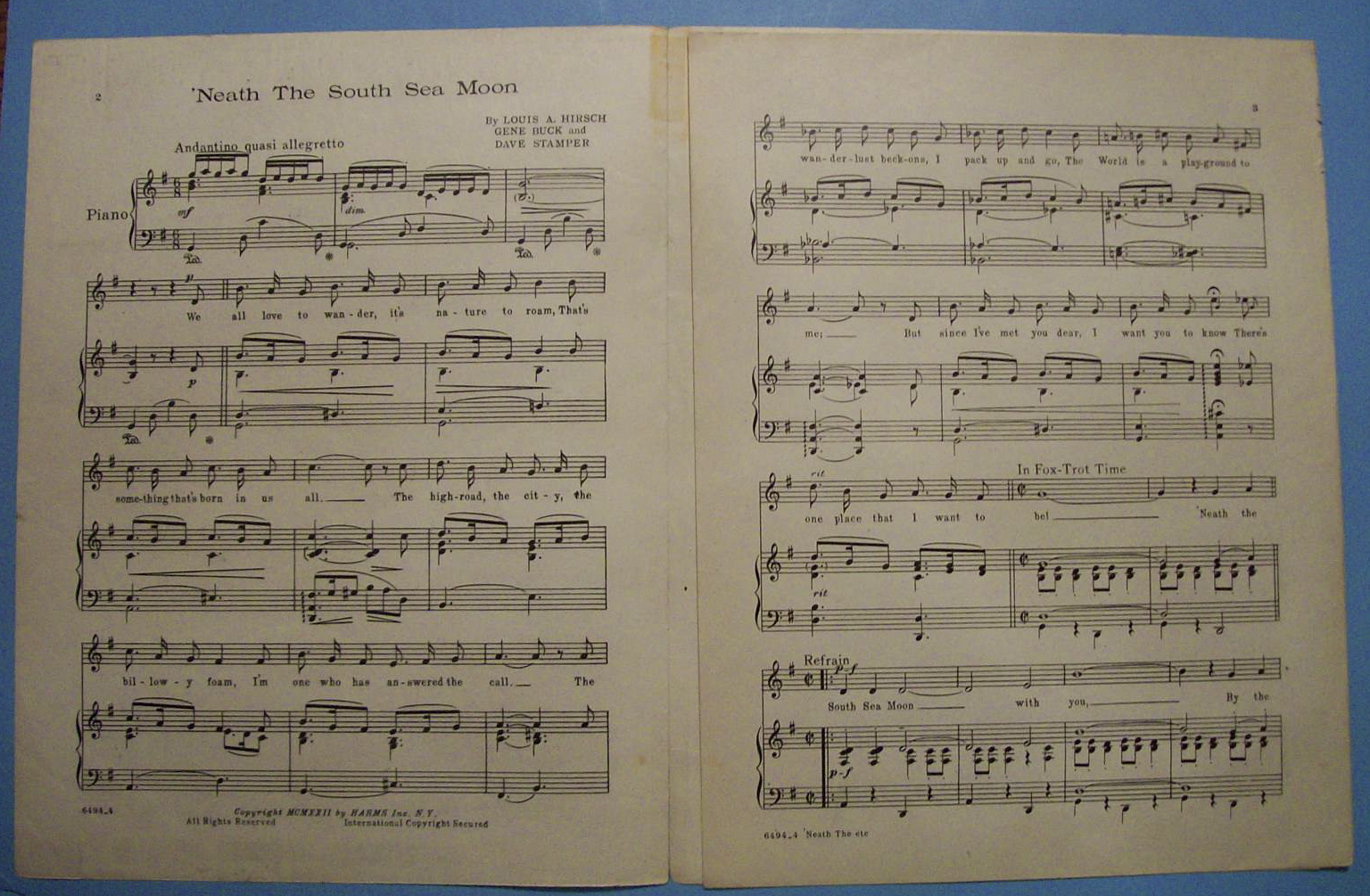 Sheet Music For 1922 'Neath The South Sea Moon