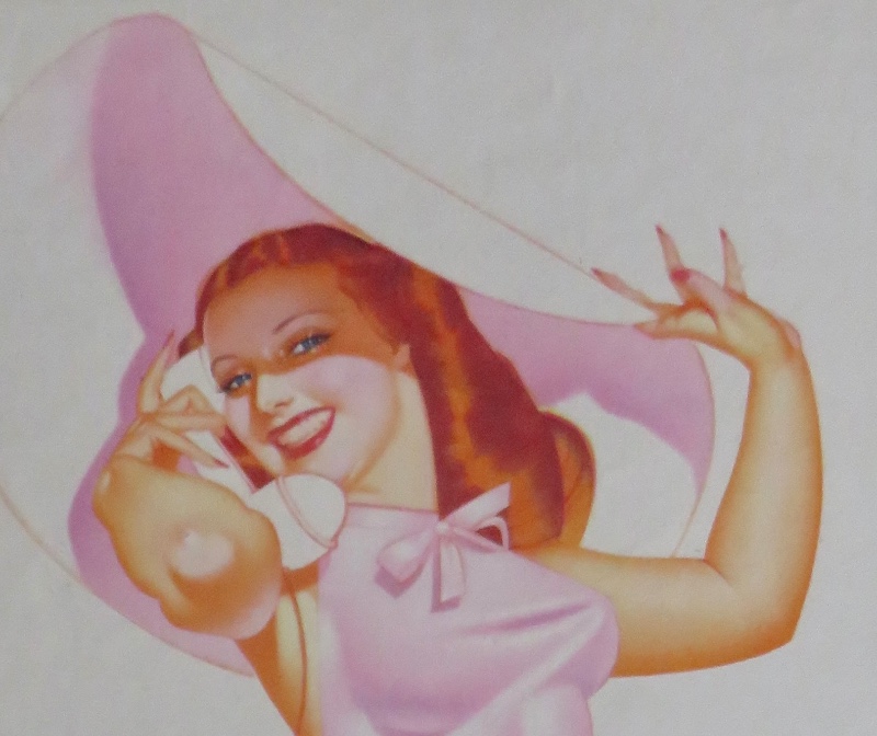 Original 1945 Sexy Red Haired Pin Up Girl Wearing Pink Outfit & Pink Hat While Talking On Telephone By George Petty