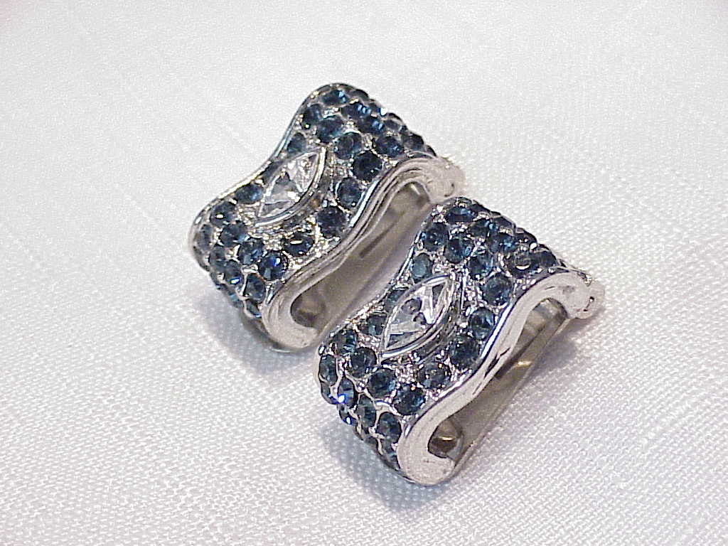 Dark Blue And Clear Rhinestone Silver Tone Clip Earrings
