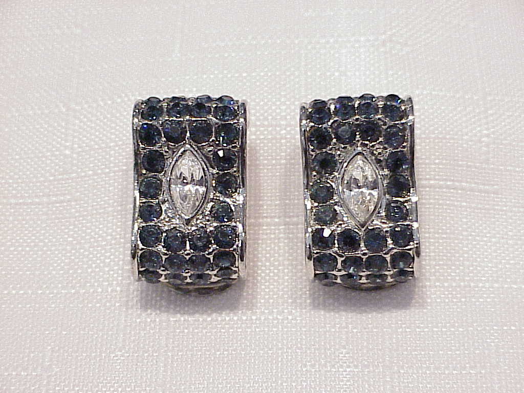 Dark Blue And Clear Rhinestone Silver Tone Clip Earrings