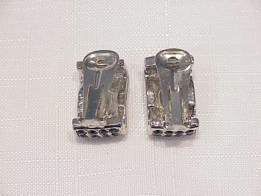 Dark Blue And Clear Rhinestone Silver Tone Clip Earrings