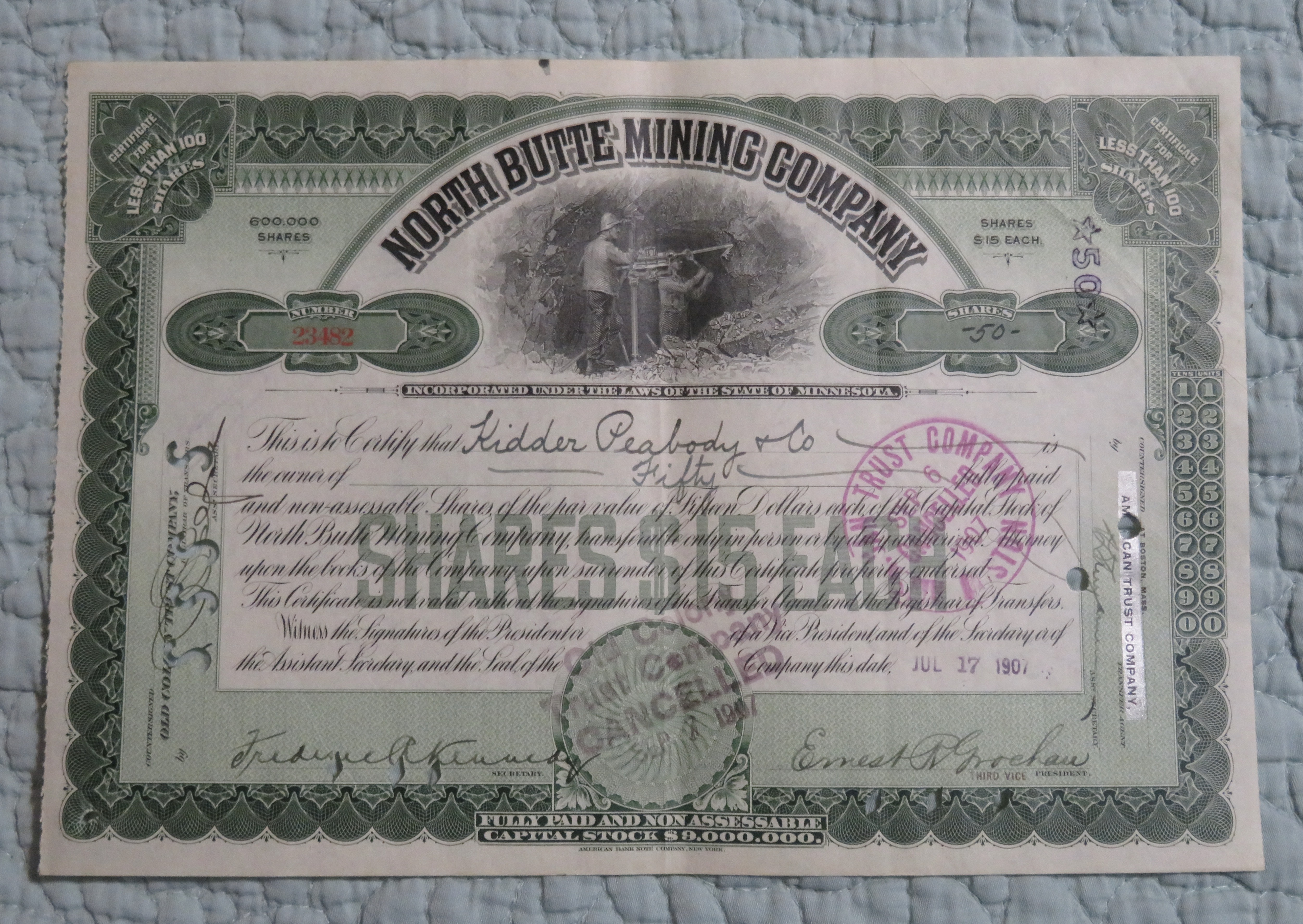 1907 North Butte Mining Company Stock Certificate