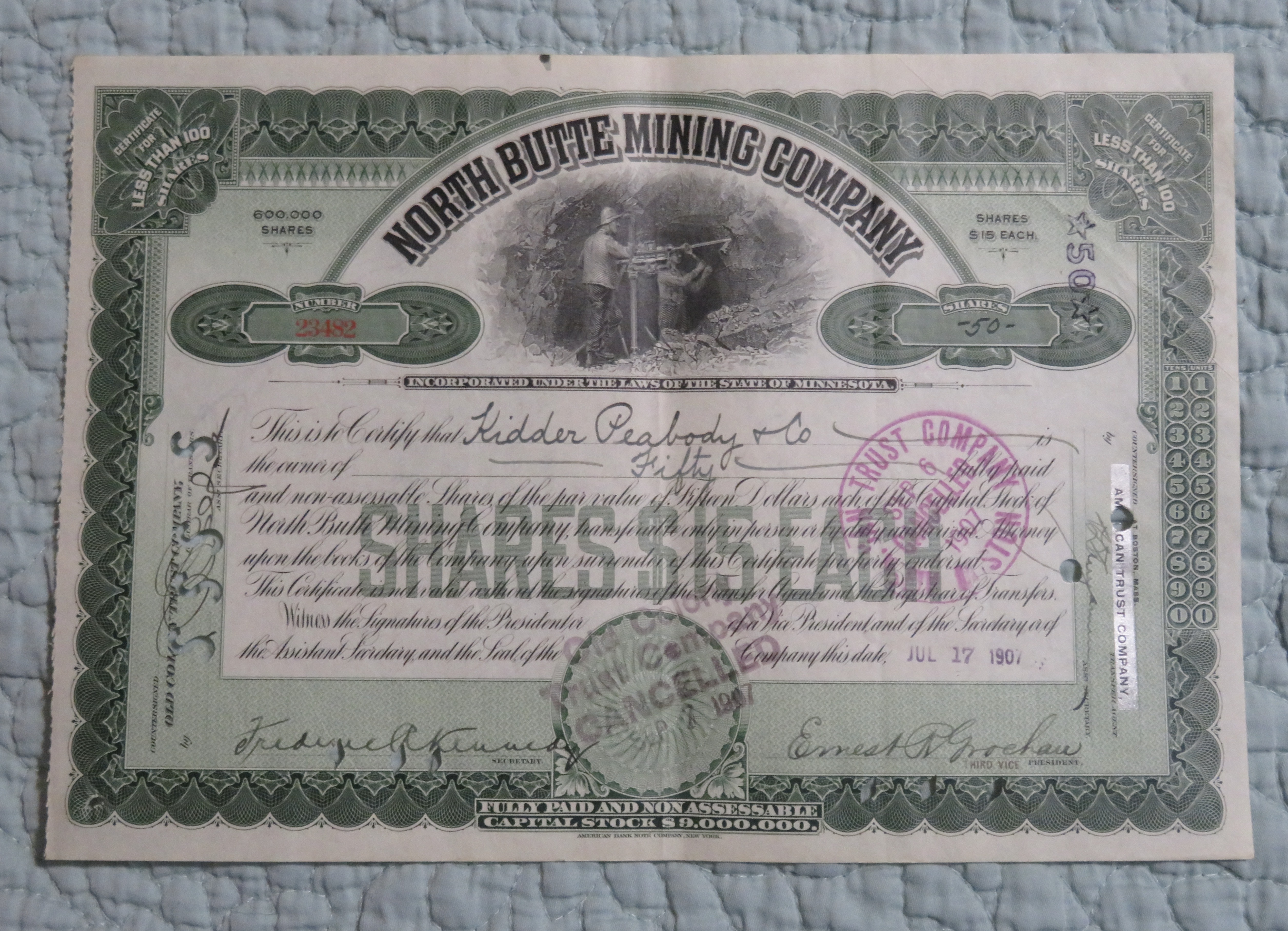 1907 North Butte Mining Company Stock Certificate
