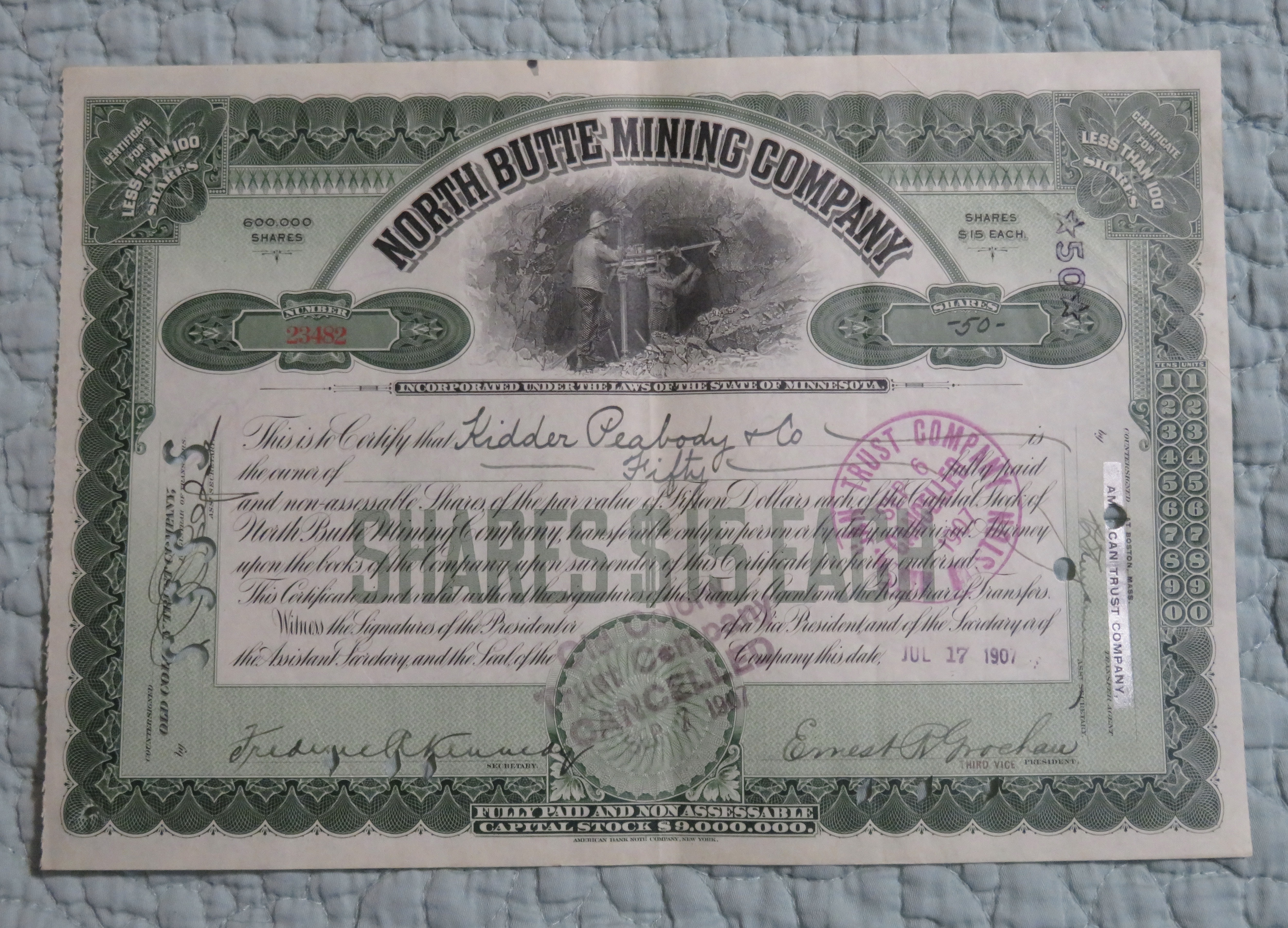 1907 North Butte Mining Company Stock Certificate