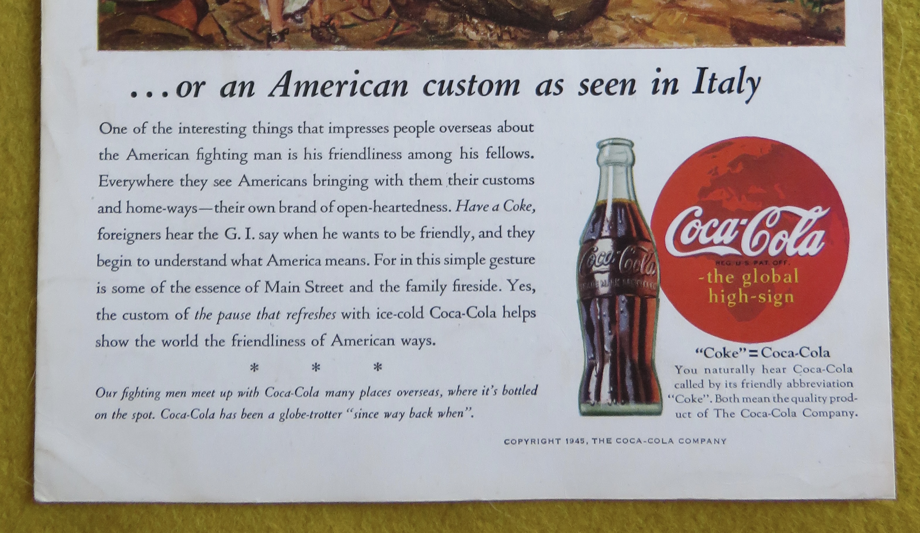 1945 Coca Cola (Coke) with Soldiers Entertaining A Girl